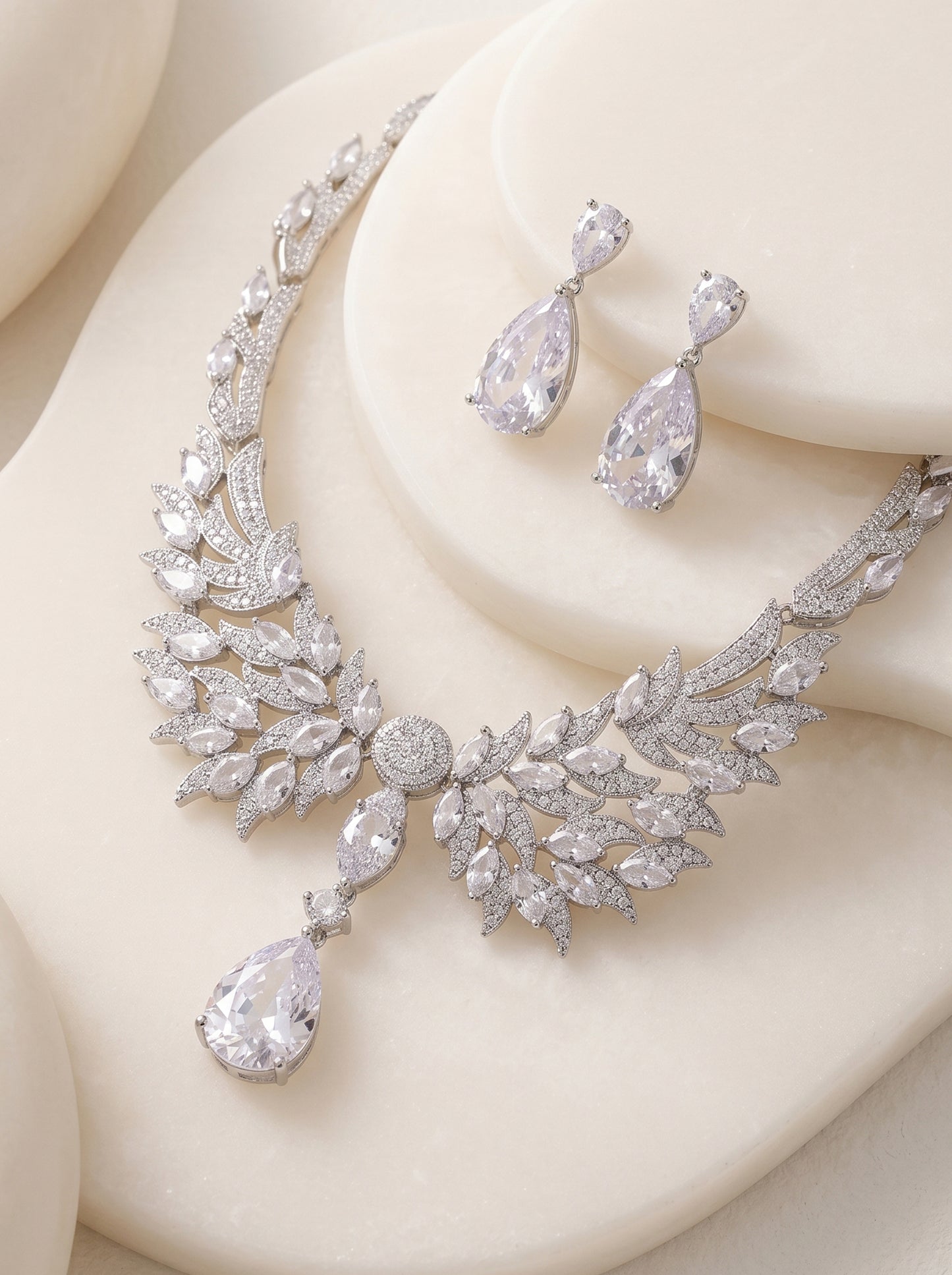 Luxury Angel Wing Zircon Necklace & Earring Set - Eco-Friendly Copper Thick White K Gold Plated Bridal Evening Jewelry LUNA-X146