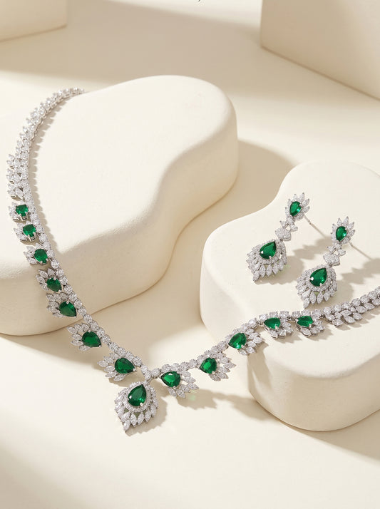 Luxury Cascading Floral Bridal Jewelry Set, Platinum Plated AAA Zircon Marquise Fringe Necklace & Dangle Earrings Set for Royal Wedding, Prom & Gala LUNA-X157