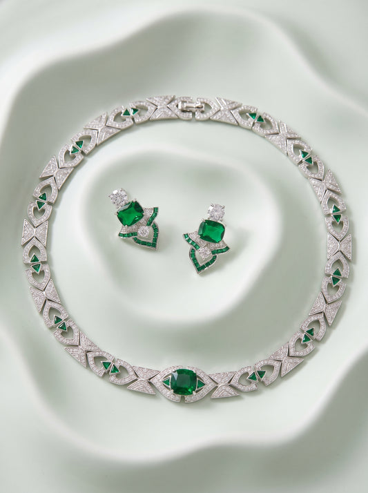 Luxury Emerald Choker Necklace & Earring Set - Gold-Plated Full Zircon Vintage Evening Jewelry LUNA-X149