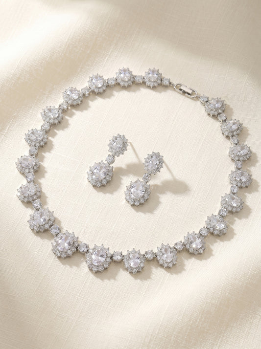 Luxury Geometric Cluster Bridal Jewelry Set, Platinum Plated AAA Zircon Marquise Tennis Necklace & Fluid Drop Earrings Duo for Wedding, Prom & Gala LUNA-X158