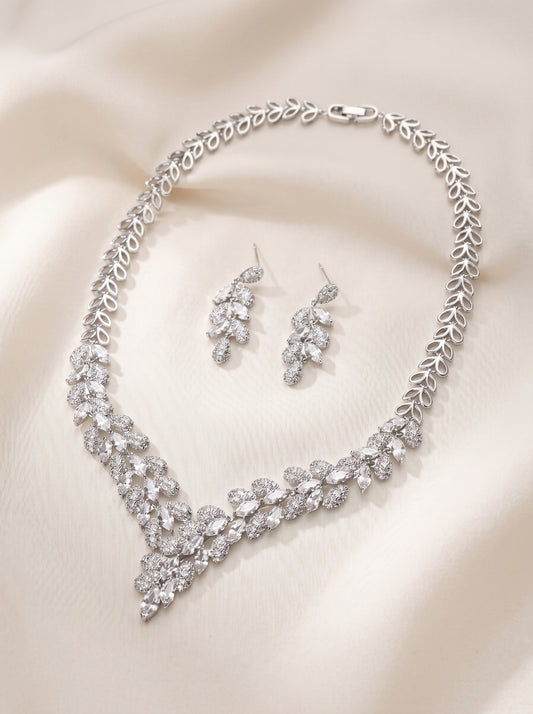 Luxury Leaf Vine V-Necklace & Earring Set - Platinum Plated AAA Zircon Bridal Jewelry LUNA-X147