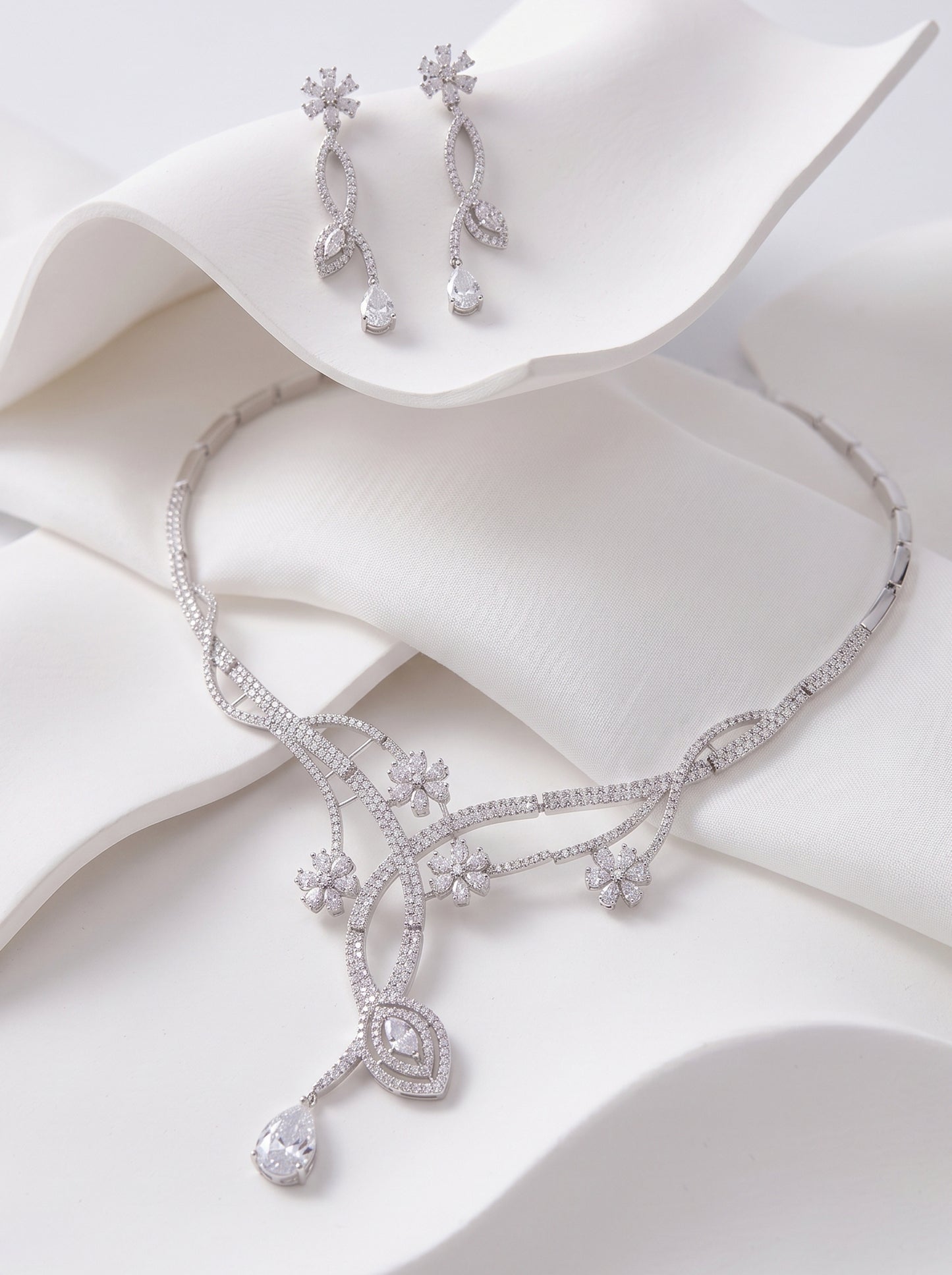 Luxury Marquise Zircon Ice Cascade Bridal Jewelry Set, Platinum Plated Radiant Leaf Tennis Necklace & 5.2cm Dramatic Dangle Earrings Set for Wedding, Prom & Gala LUNA-X156