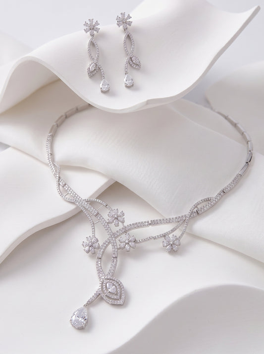 Luxury Marquise Zircon Ice Cascade Bridal Jewelry Set, Platinum Plated Radiant Leaf Tennis Necklace & 5.2cm Dramatic Dangle Earrings Set for Wedding, Prom & Gala LUNA-X156