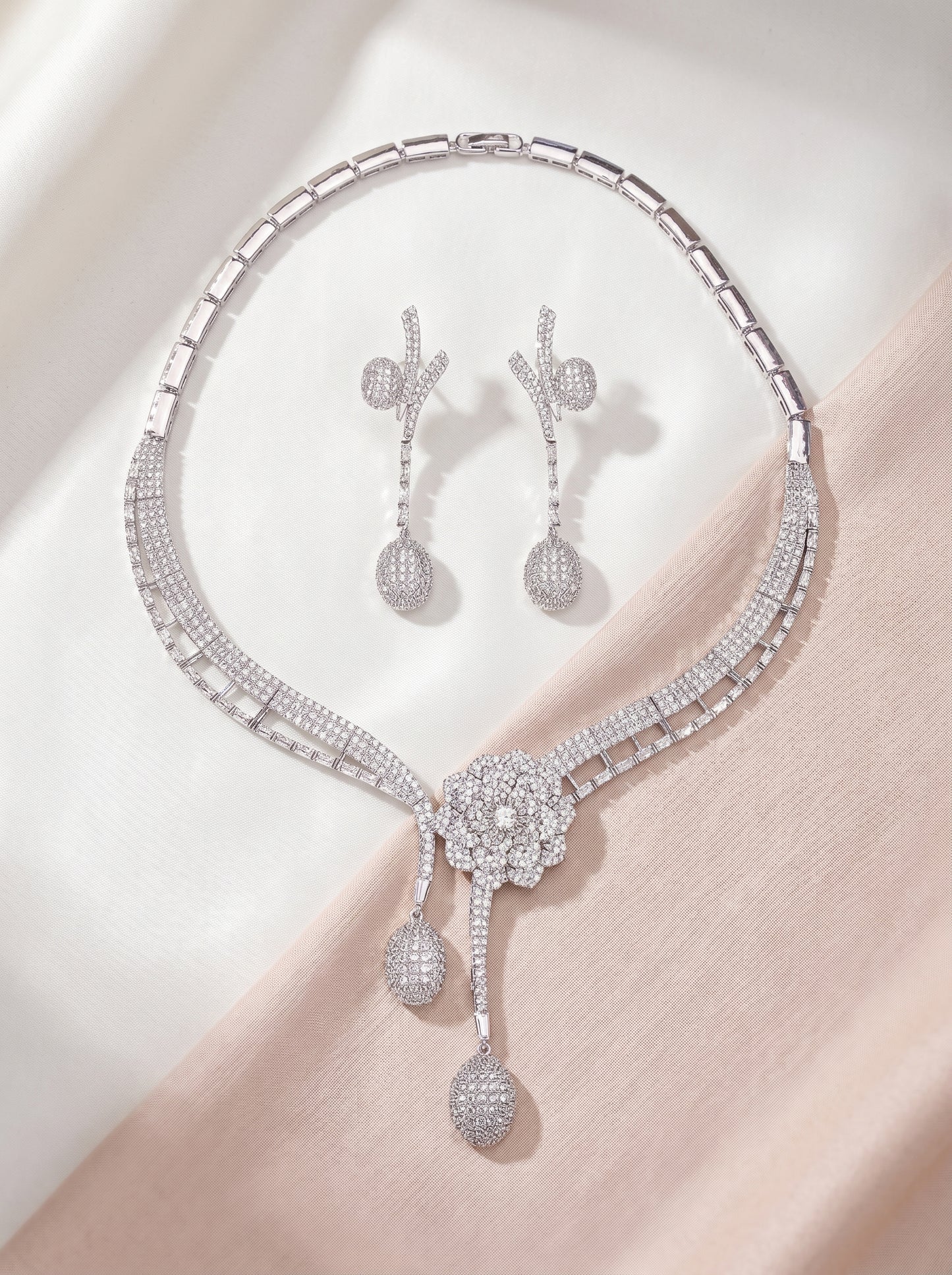 Luxury Micro-Pave CZ Camellia Bridal Jewelry Set, 18K White Gold Plated Geometric Flower Necklace & 6.5cm Dangle Earrings with Silver Posts  LUNA-X170