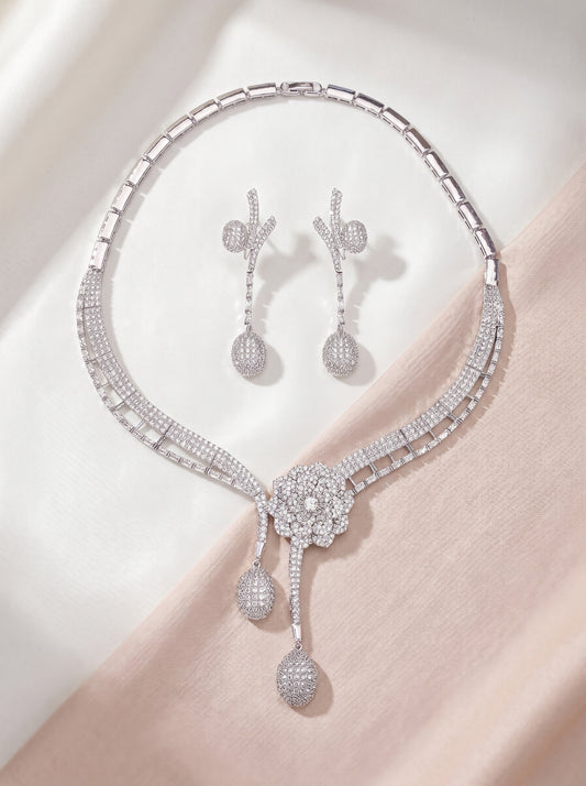 Luxury Micro-Pave CZ Camellia Bridal Jewelry Set, 18K White Gold Plated Geometric Flower Necklace & 6.5cm Dangle Earrings with Silver Posts  LUNA-X170