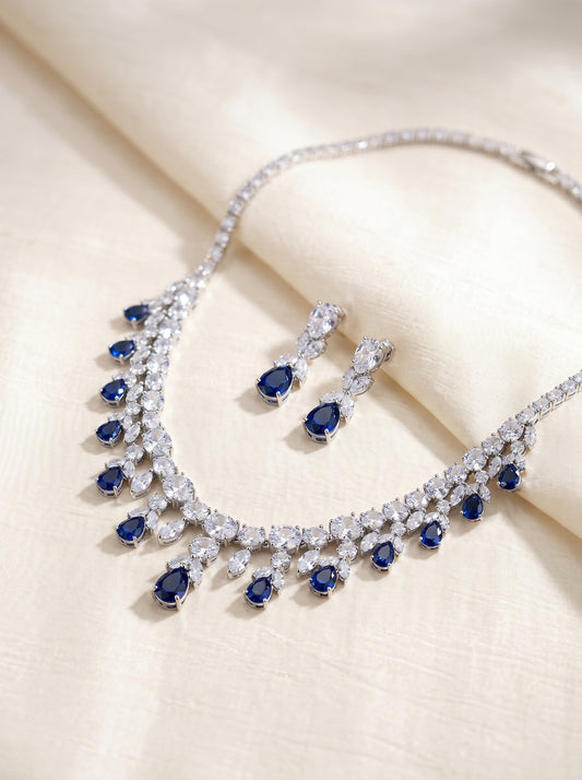 MOMZ Royal Sapphire Style Platinum-Plated Necklace & Earring Set - AAA Zircon Luxury Evening Jewelry LUNA-X152