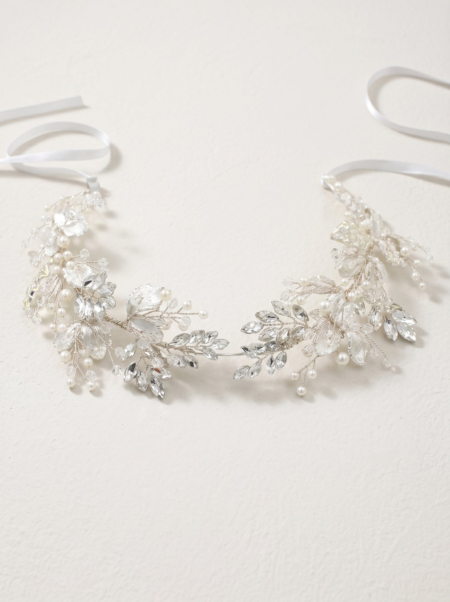 Silver Crystal Pearl Floral Vine Bridal Headband, Handmade Dainty Flower Wedding Hair Band, Shiny Rhinestone Pearl Bridal Hair Accessory for Wedding, Banquet & Bridal Photoshoot LUNA-X194