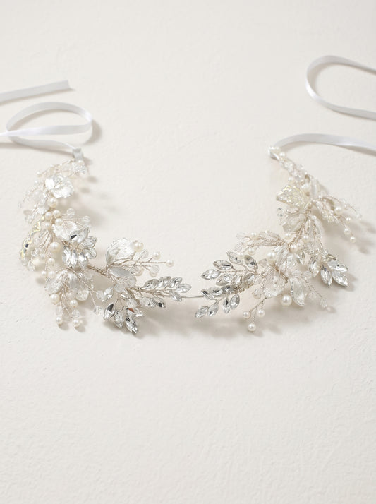 Silver Crystal Pearl Floral Vine Bridal Headband for Wedding and Banquet LUNA-X194