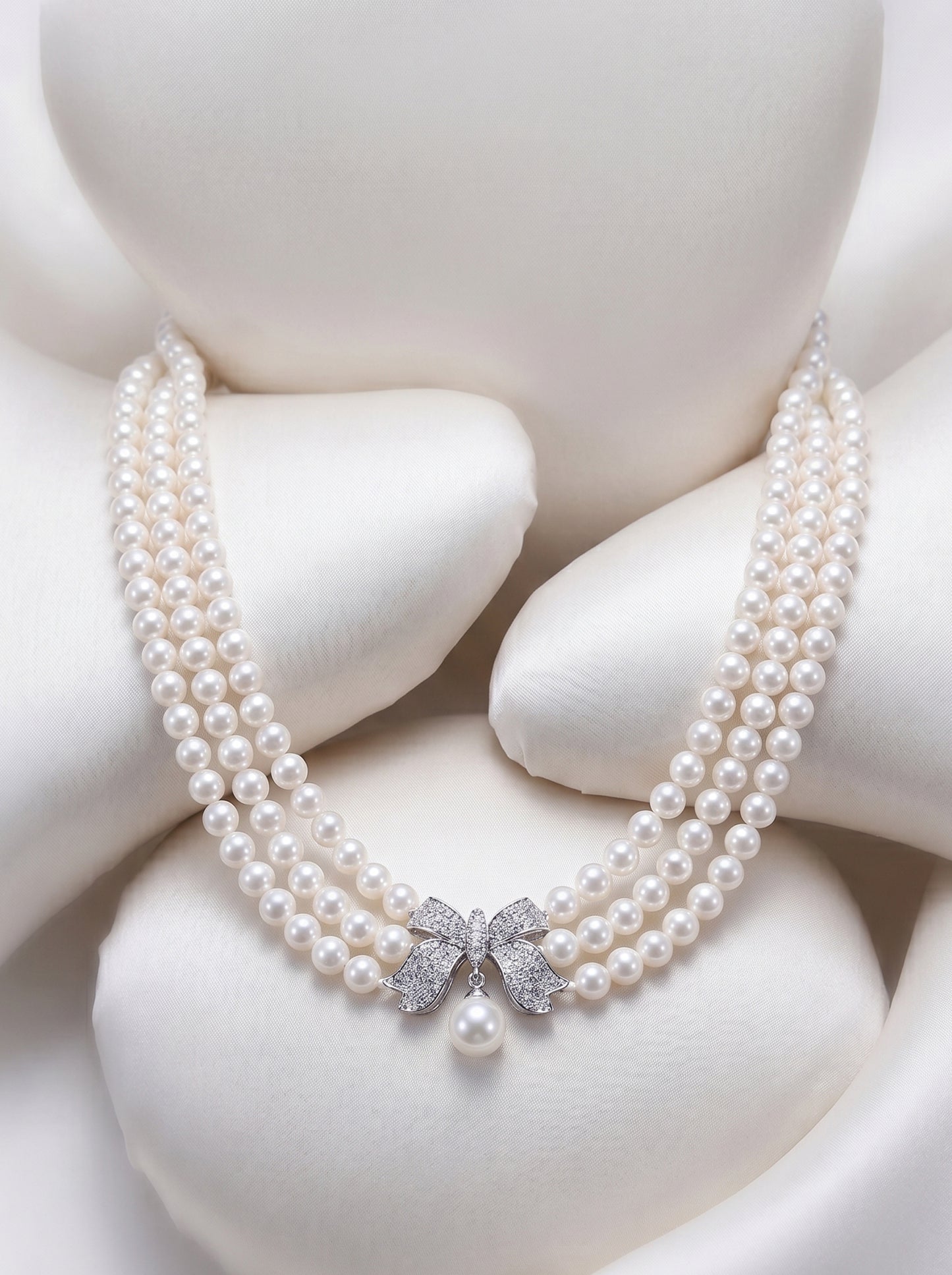 Triple-Strand Pearl & Zircon Bow Necklace – Vintage Elegance for Bridal & Evening Wear  LUNA-X136