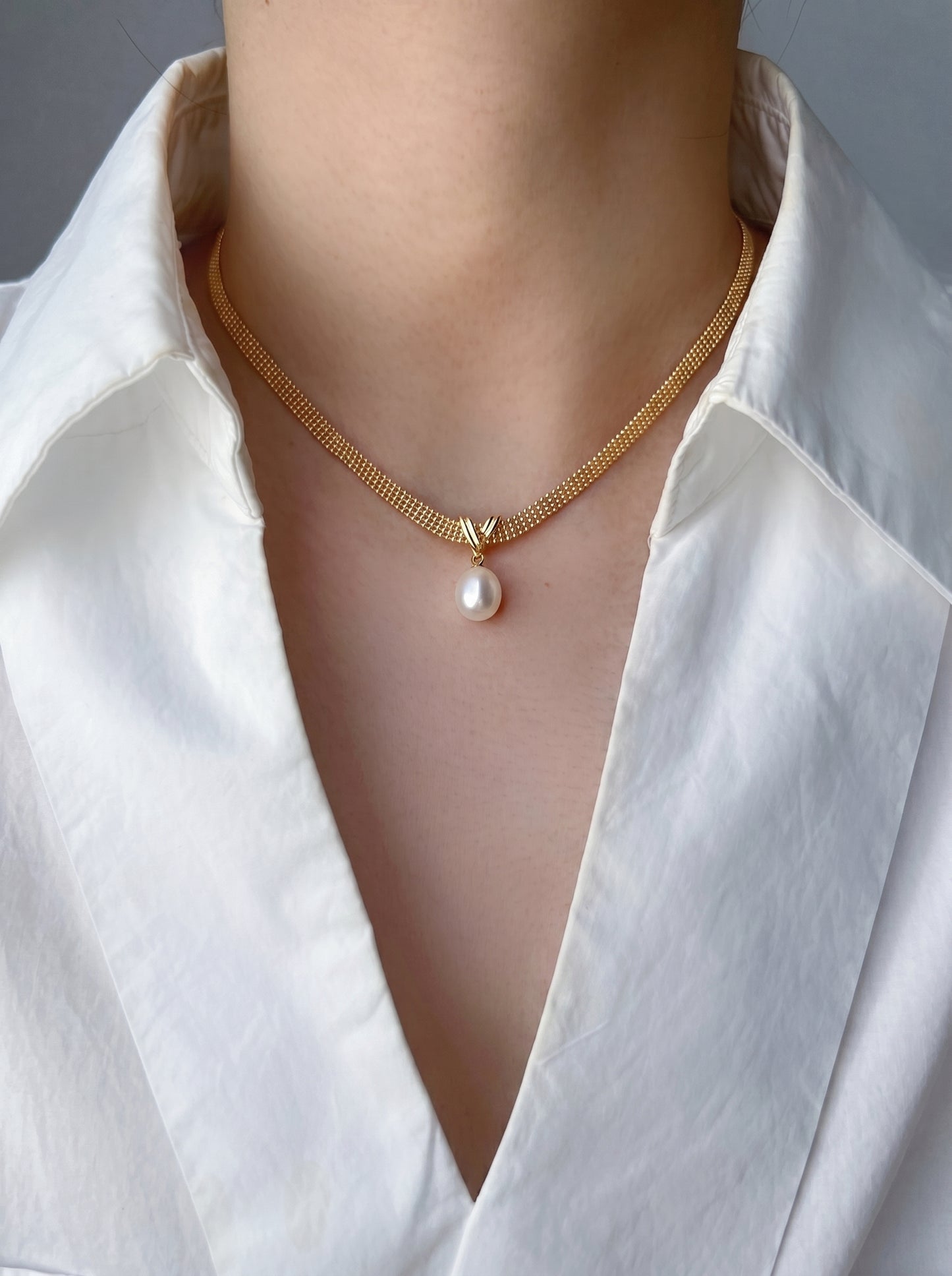 Wide Mesh Snake Chain Teardrop Natural Pearl Choker Necklace 925 Sterling Silver Vintage Gold Platinum Dainty Bridal Wedding Jewelry Gift  LUNA-X237