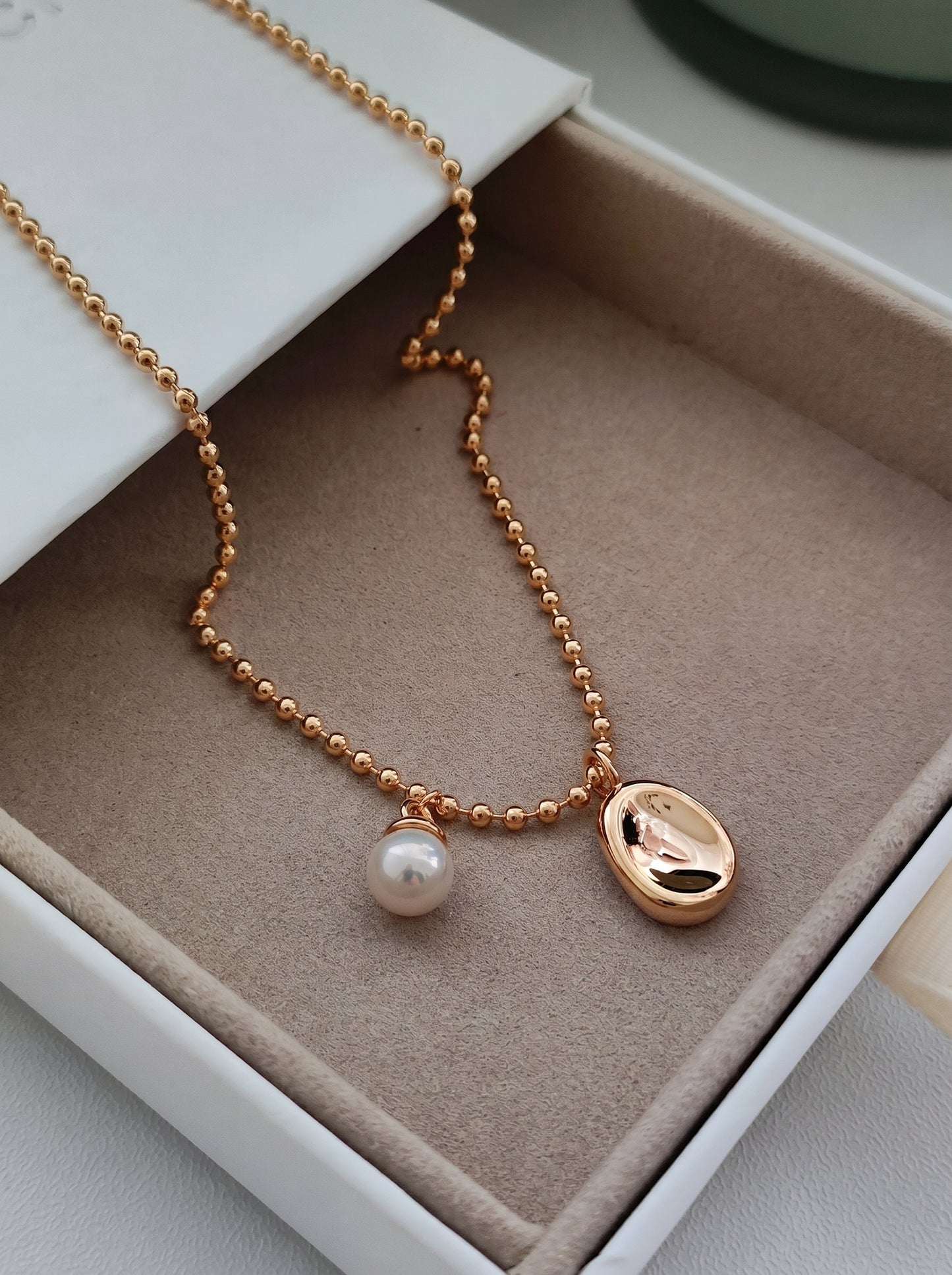 Dainty Bead Chain Oval Disc Natural Pearl Pendant Necklace S925 Sterling Silver Vintage Gold Platinum Minimalist Women Daily Bridal Jewelry Gift   LUNA-X238