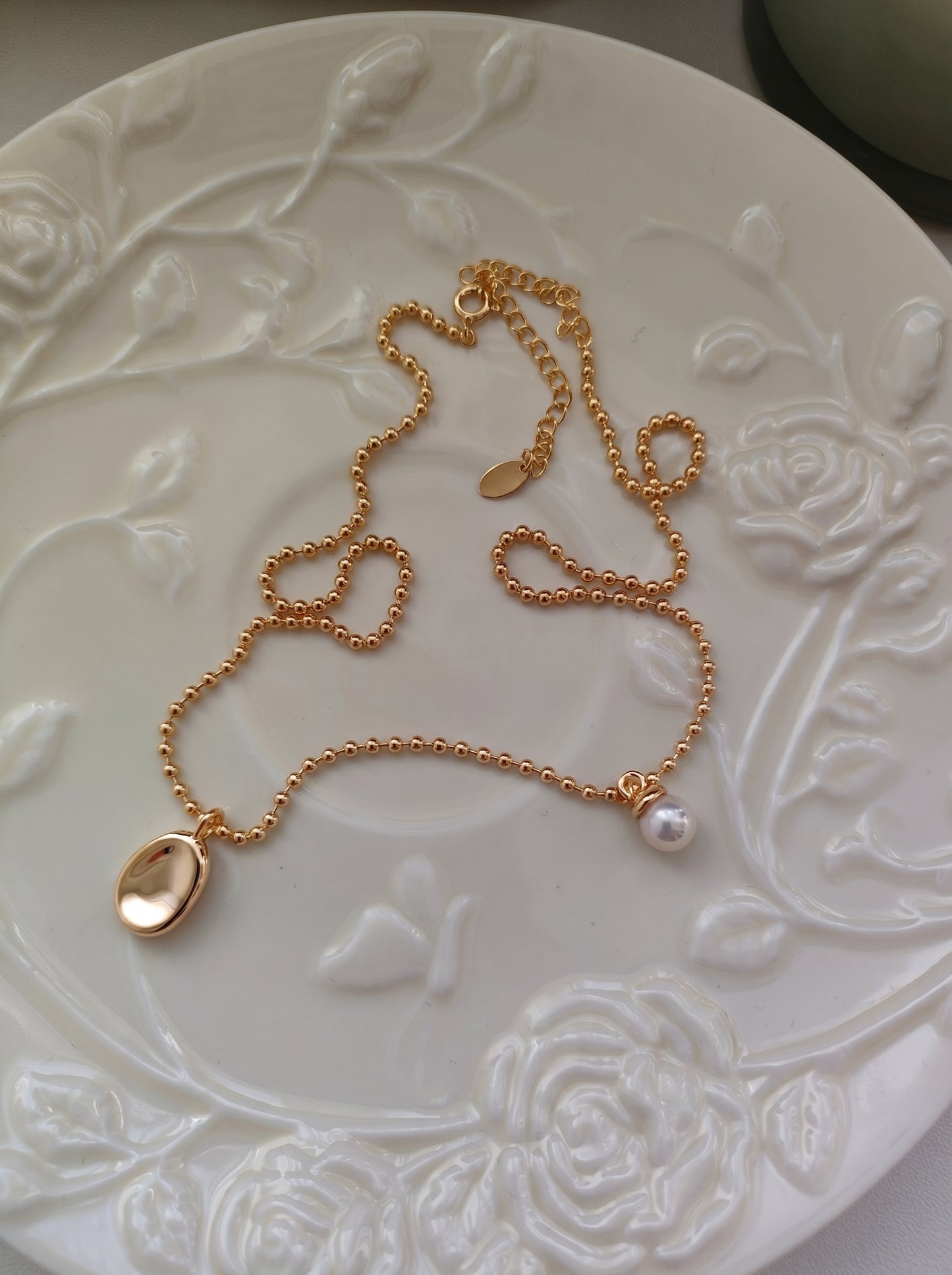 Dainty Bead Chain Oval Disc Natural Pearl Pendant Necklace S925 Sterling Silver Vintage Gold Platinum Minimalist Women Daily Bridal Jewelry Gift   LUNA-X238