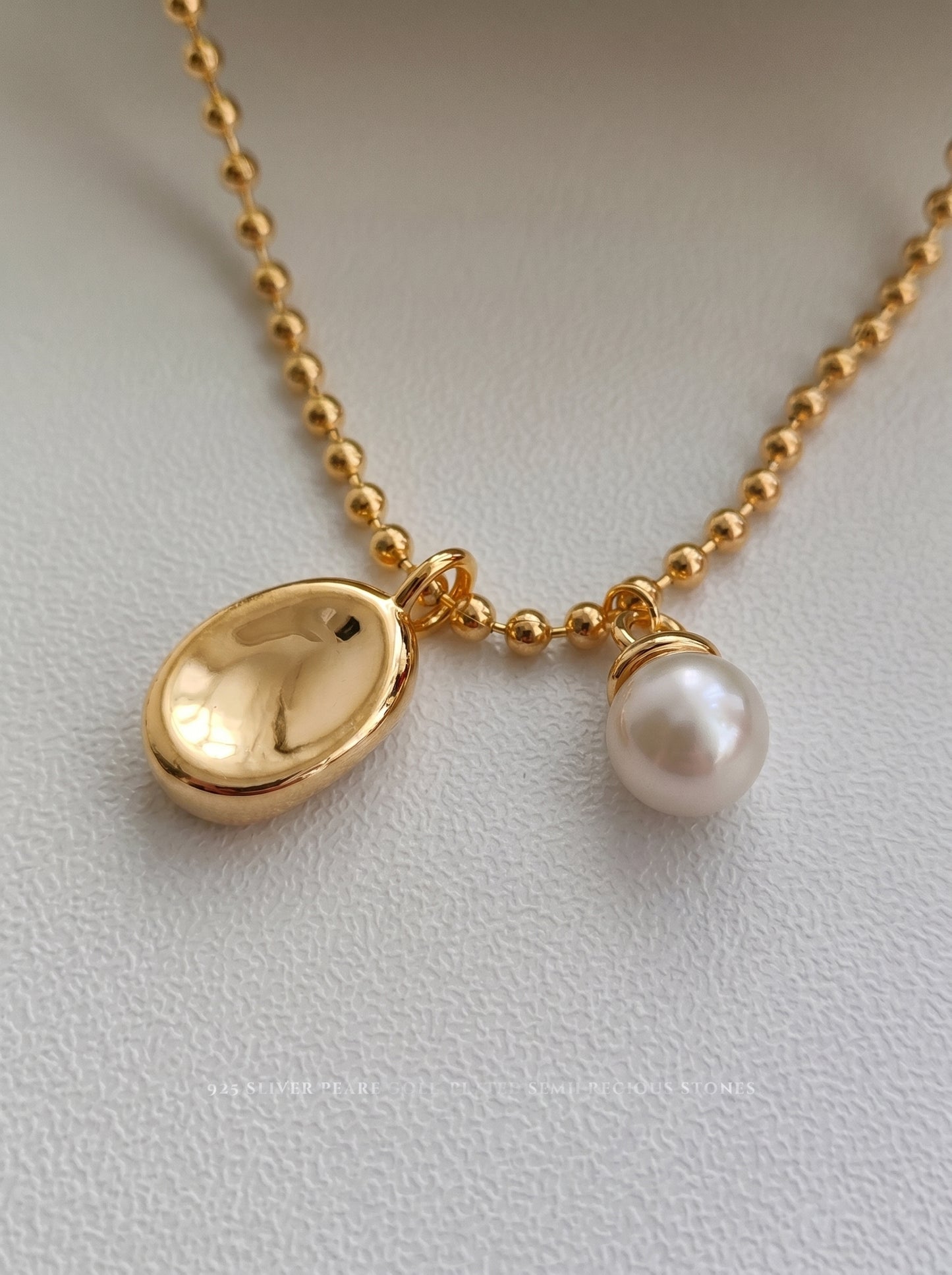 Dainty Bead Chain Oval Disc Natural Pearl Pendant Necklace S925 Sterling Silver Vintage Gold Platinum Minimalist Women Daily Bridal Jewelry Gift   LUNA-X238
