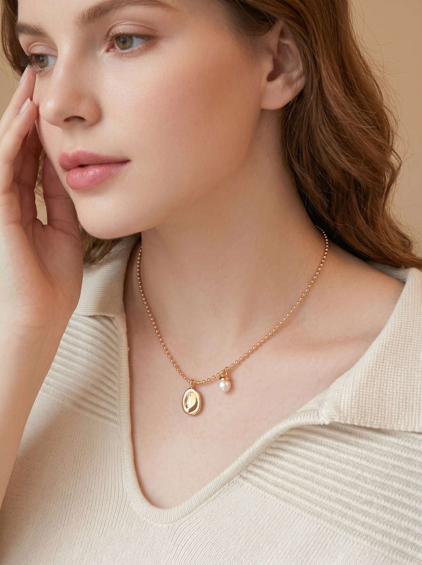 Dainty Bead Chain Oval Disc Natural Pearl Pendant Necklace S925 Sterling Silver Vintage Gold Platinum Minimalist Women Daily Bridal Jewelry Gift   LUNA-X238