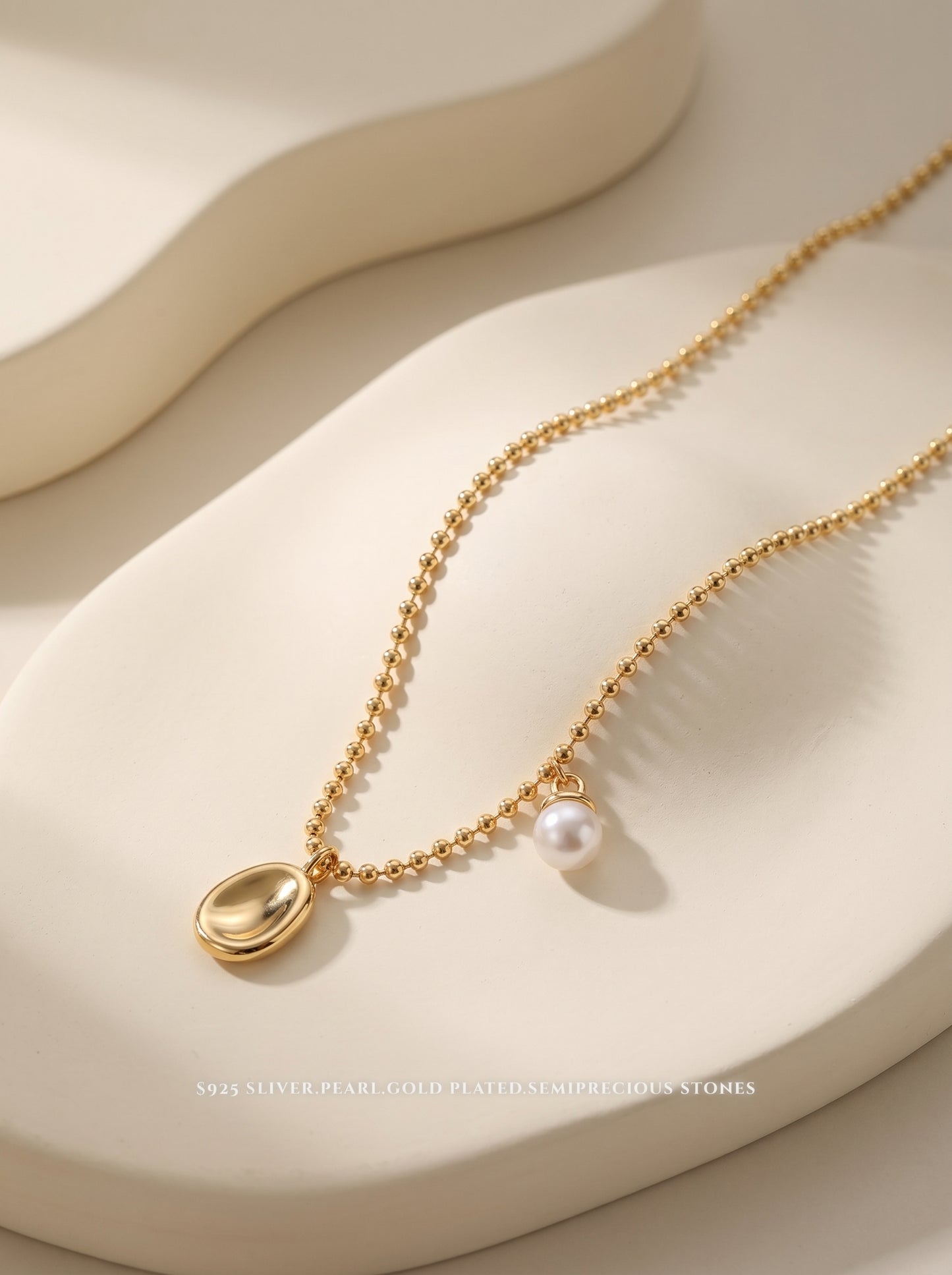 Dainty Bead Chain Oval Disc Natural Pearl Pendant Necklace S925 Sterling Silver Vintage Gold Platinum Minimalist Women Daily Bridal Jewelry Gift   LUNA-X238