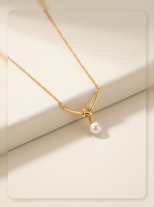 Women’s Knot Natural Pearl Pendant Necklace, Vintage Gold Plated Dainty Minimalist Daily & Bridal Jewelry Gift LUNA-X239