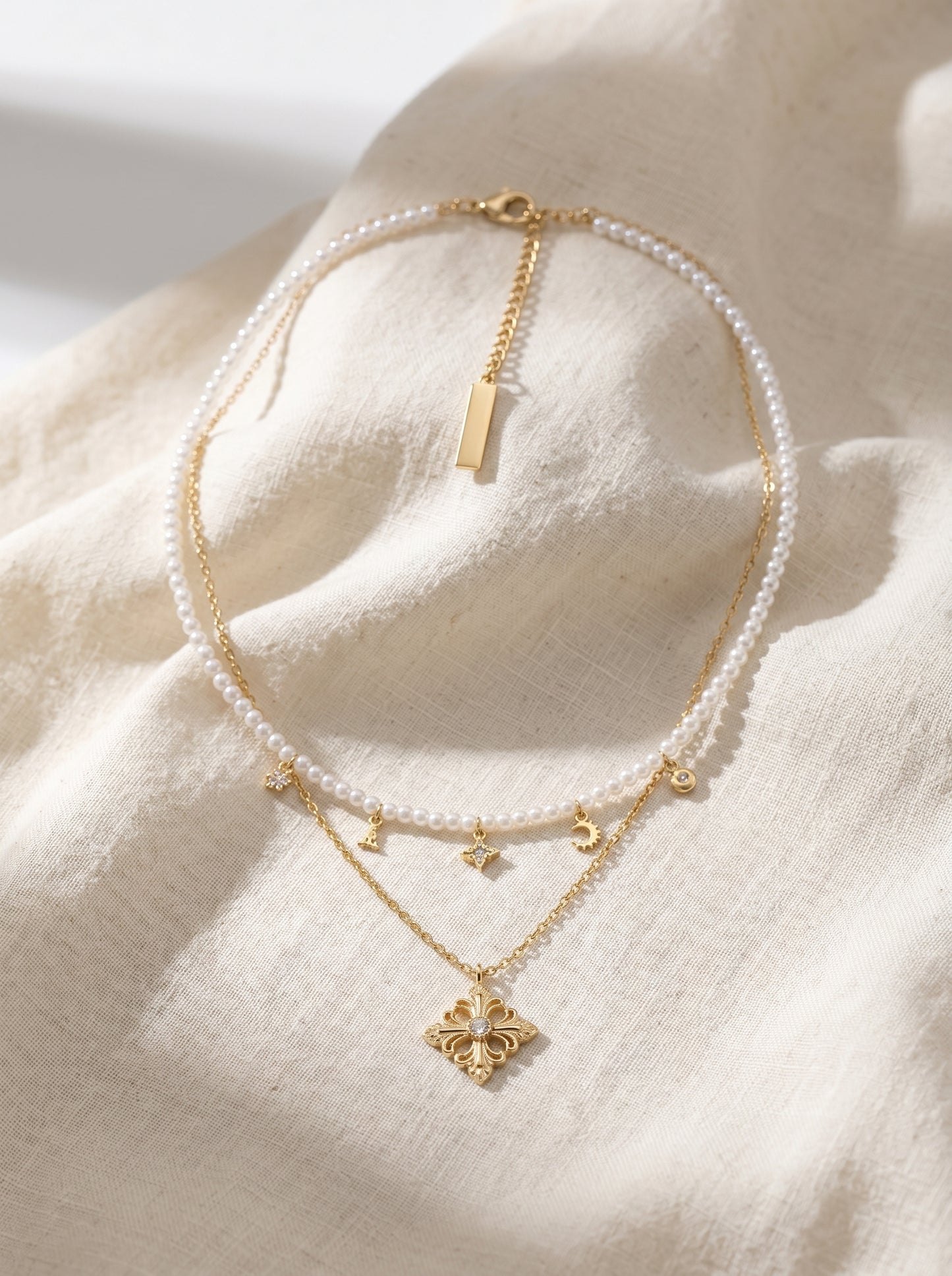 Two Layer Pearl Iris Fleur-de-Lis Necklace for Women Vintage Star Sun Zircon Pendant Dainty Stackable Bridal Jewelry Gift  LUNA-X246