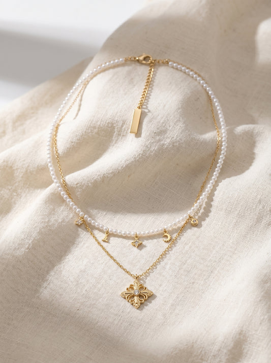 Women’s Two-Layer Stackable Iris Fleur-de-Lis Pearl Necklace, Vintage Star & Sunburst Zircon Pendant, Dainty Bridal Jewelry Gift LUNA-X246