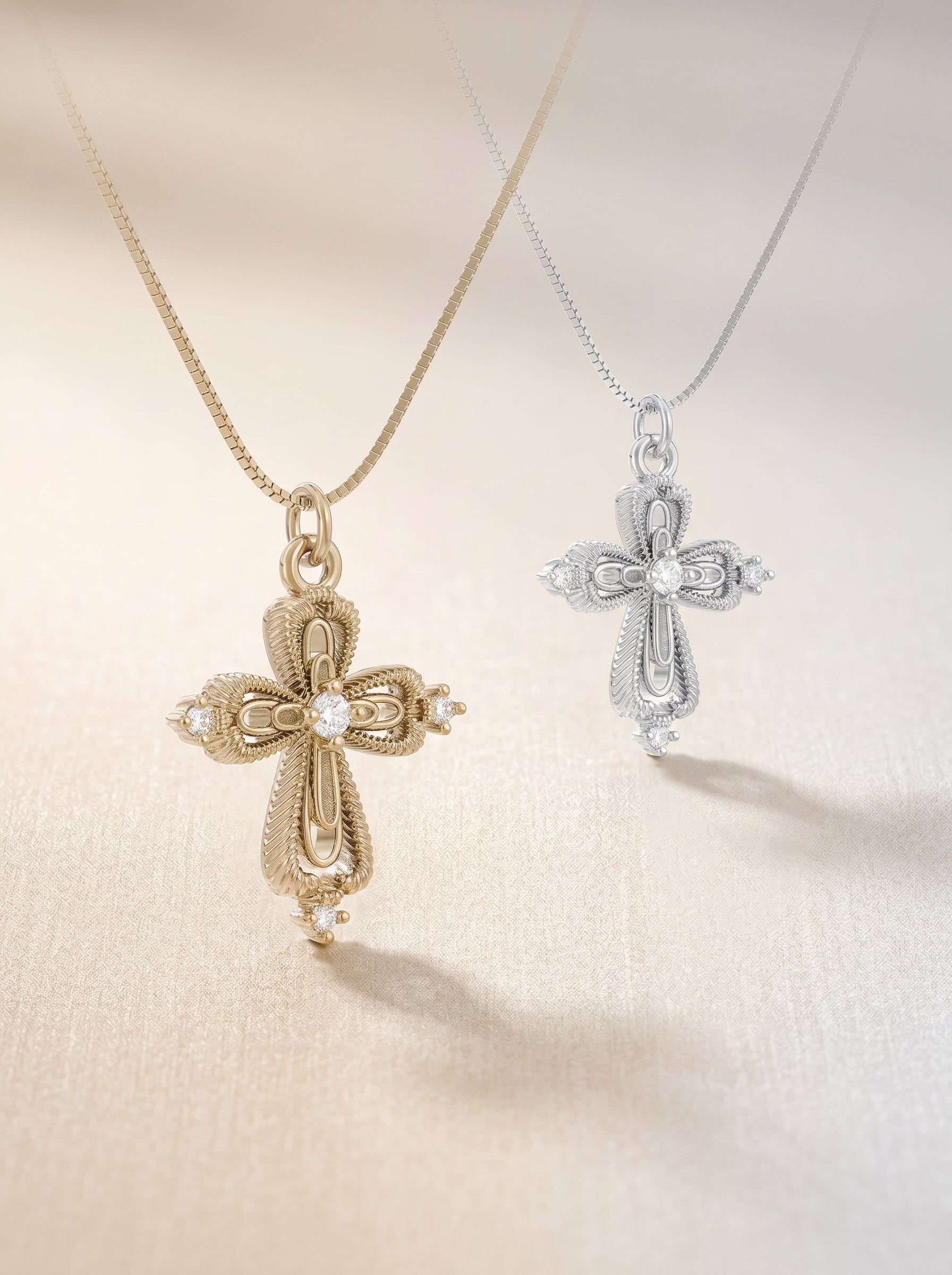 Women’s Vintage Gothic Filigree Cross Necklace Inspired by Florence Cathedral, Two-Tone Silver & Pale Titanium Gold Zircon Pendant, Adjustable Snake Chain Jewelry LUNA-X249