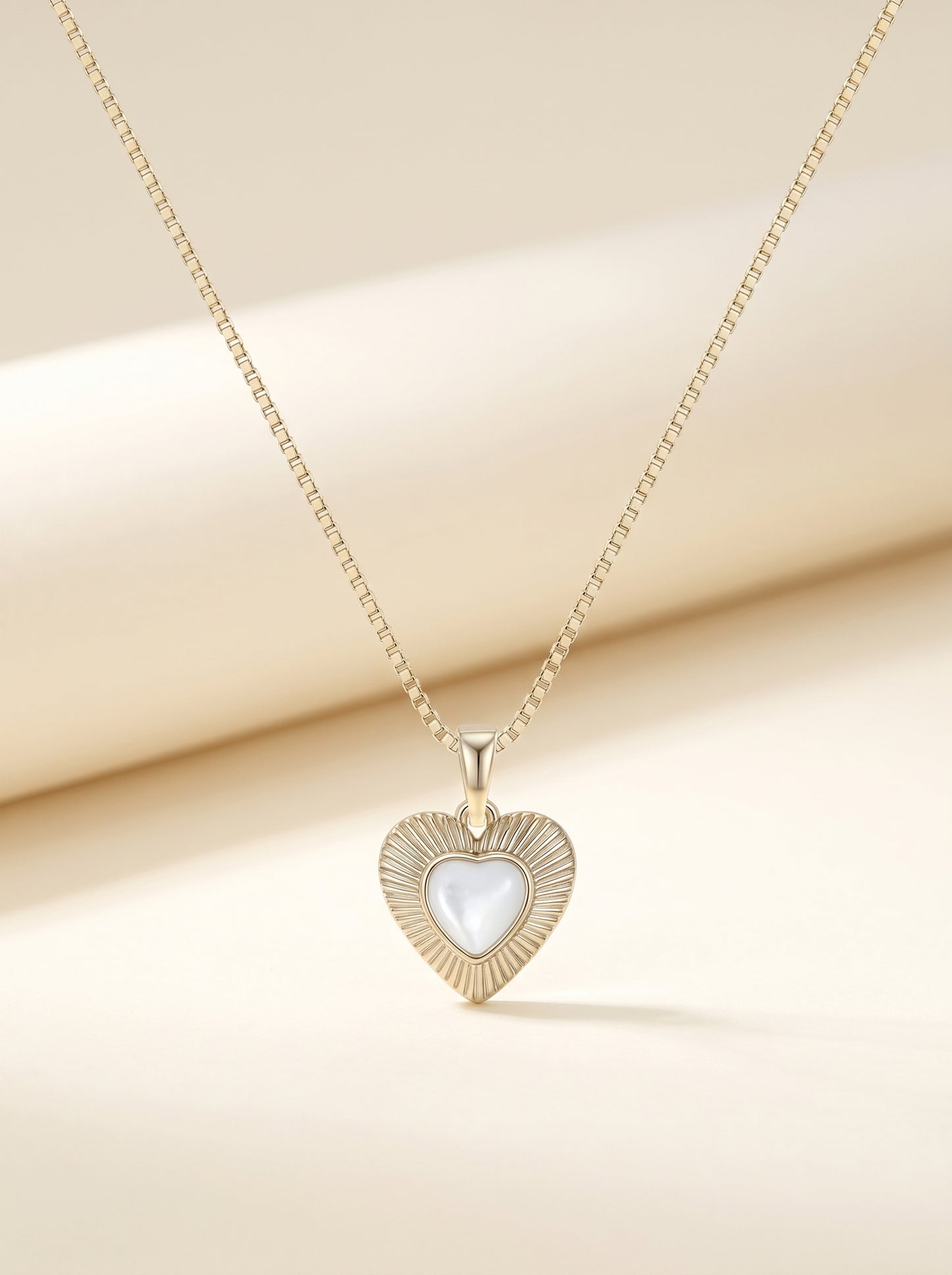 Moonlight Radiant Heart Natural White Mother of Pearl Pendant Necklace, Pale Titanium Gold Box Chain Adjustable Collarbone Jewelry for Women  LUNA-X251