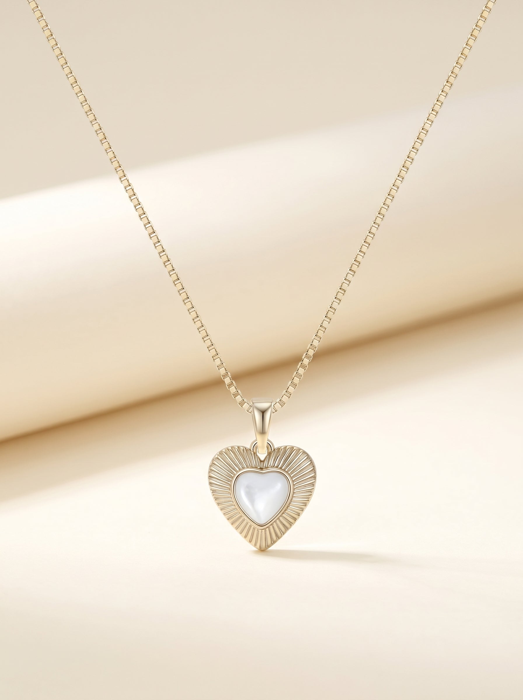 Women’s Moonlight Glow Heart Natural White Mother of Pearl Pendant Necklace, Pale Titanium Gold Adjustable Box Chain Collarbone Jewelry LUNA-X251
