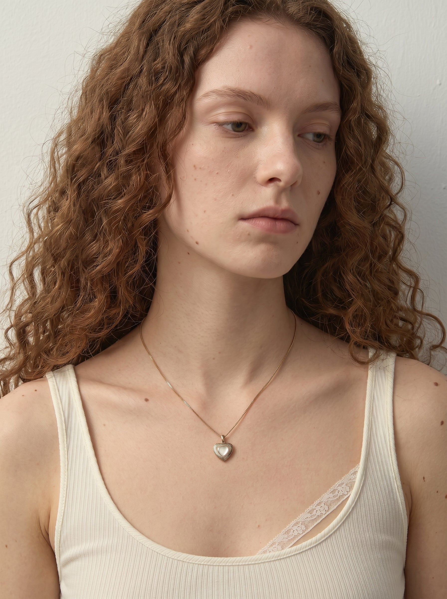 Women’s Moonlight Glow Heart Natural White Mother of Pearl Pendant Necklace, Pale Titanium Gold Adjustable Box Chain Collarbone Jewelry LUNA-X251