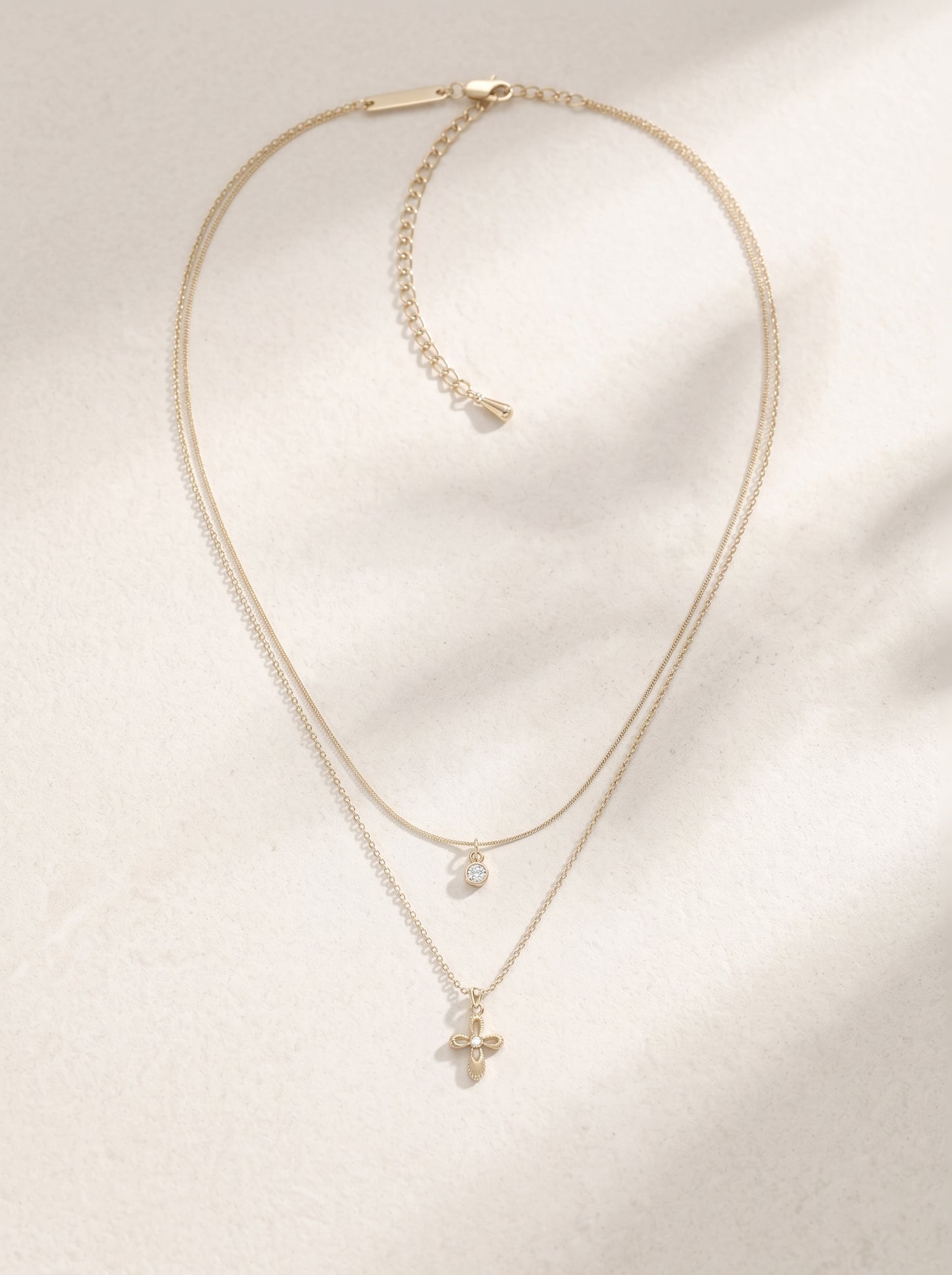 Two Layer Textured Cross & Single CZ Bezel Pendant Necklace, Dainty Stackable Adjustable Chain for Women  LUNA-X254