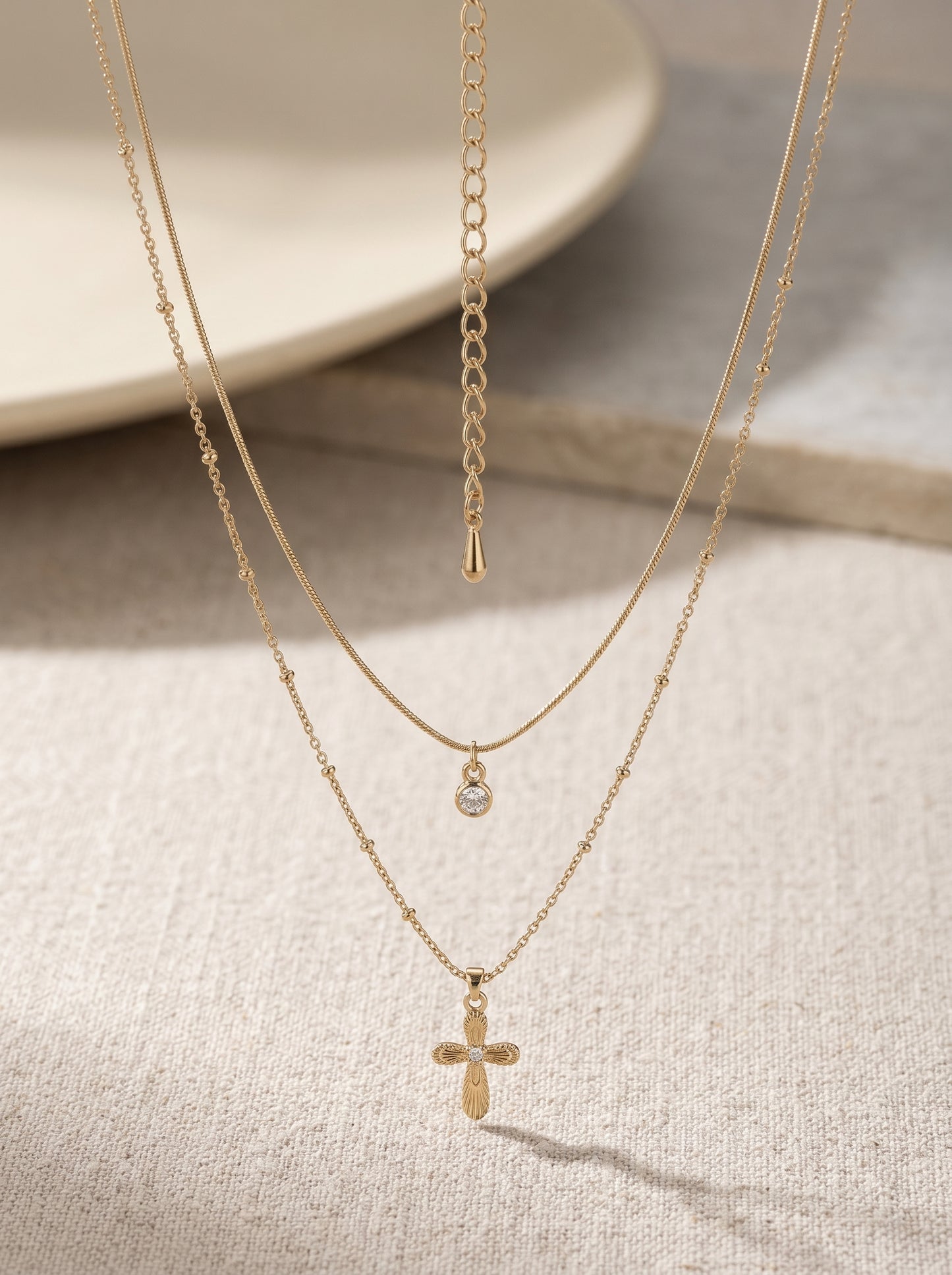 Two Layer Textured Cross & Single CZ Bezel Pendant Necklace, Dainty Stackable Adjustable Chain for Women  LUNA-X254