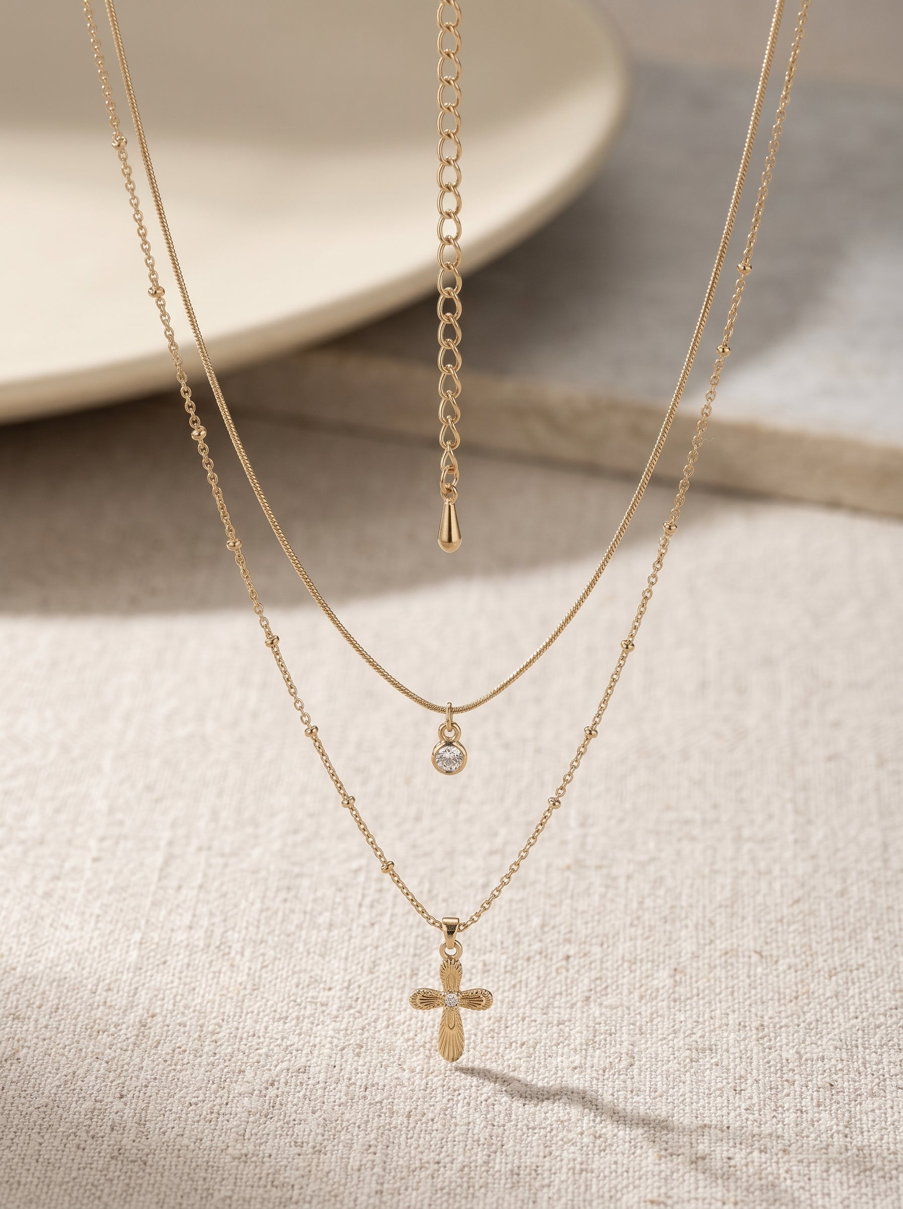 Women’s Two-Layer Stackable Necklace, Textured Cross & Single Bezel Cubic Zirconia Pendant, Dainty Adjustable Chain LUNA-X254