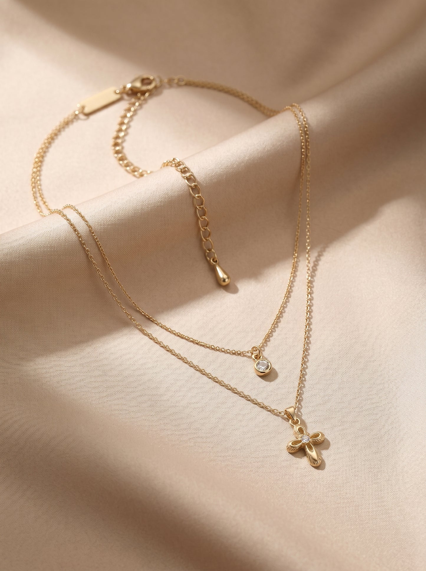 Two Layer Textured Cross & Single CZ Bezel Pendant Necklace, Dainty Stackable Adjustable Chain for Women  LUNA-X254