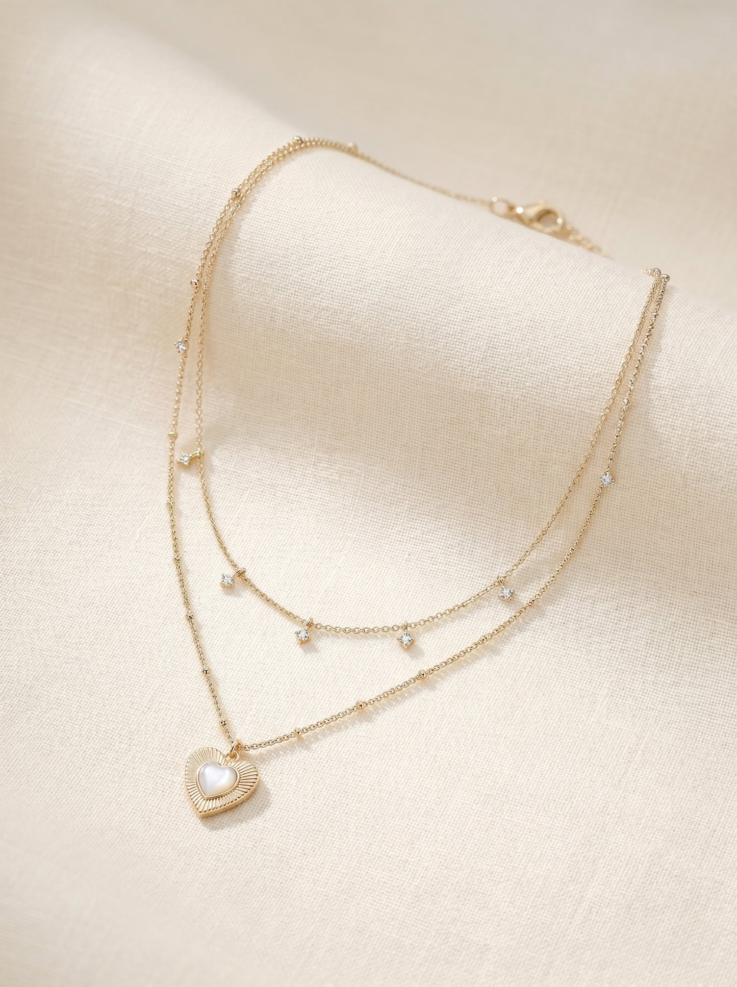 Two-Layer Star CZ & Sunburst Heart Mother of Pearl Pendant Necklace, Pale Titanium Gold Stackable Adjustable Chain for Women  LUNA-X255