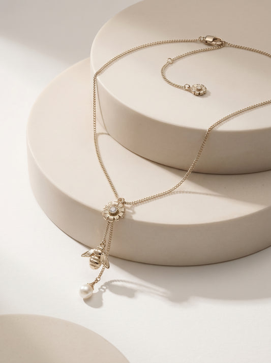 Women’s Daisy Bee Freshwater Pearl Tassel Pendant Necklace, Pale Titanium Gold Adjustable Floral Insect Jewelry LUNA-X256