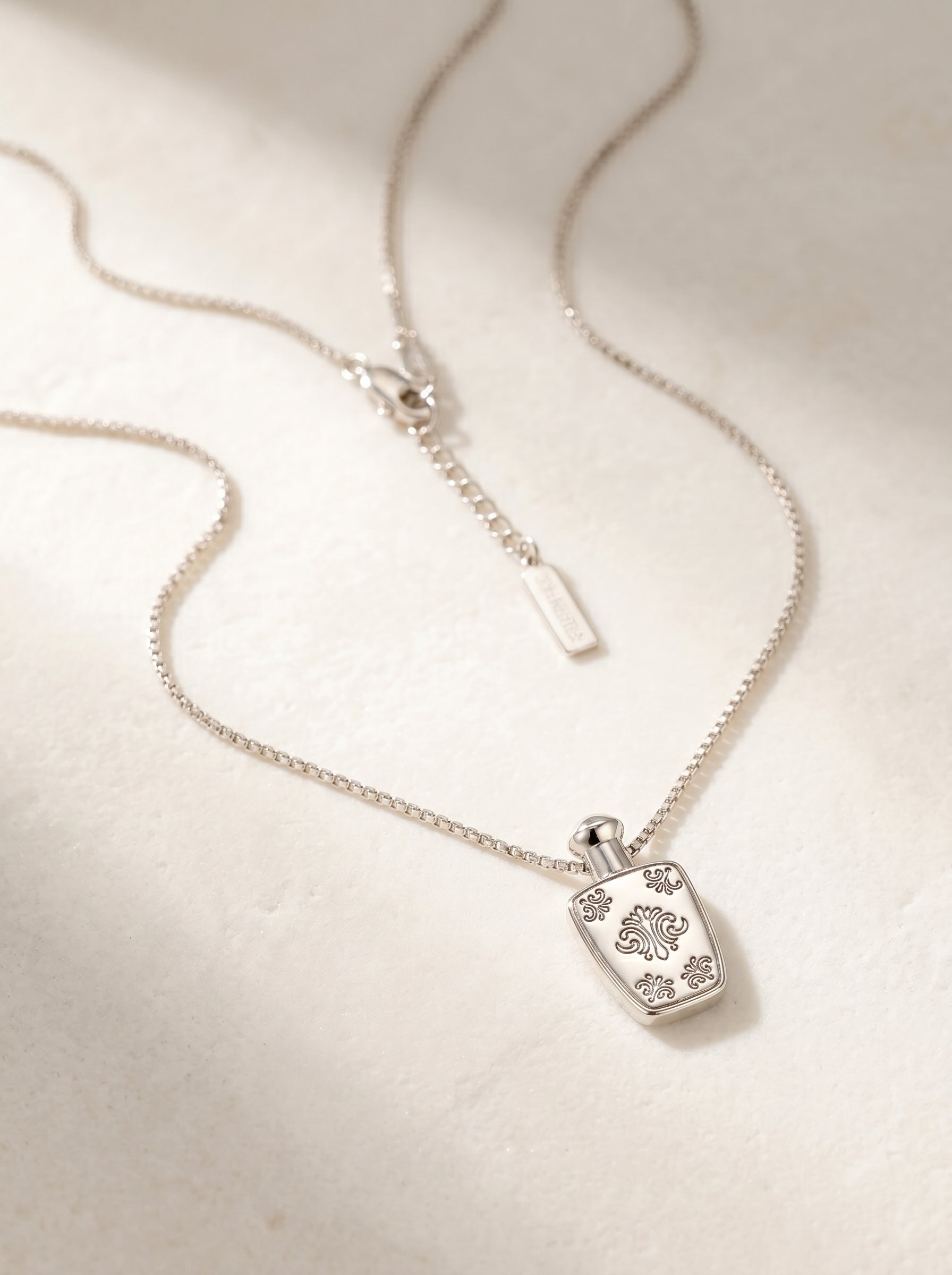 Women’s Vintage Engraved Perfume Bottle Pendant Long Necklace, Faux Pearl Top Cap, Adjustable Layering Chain LUNA-X257