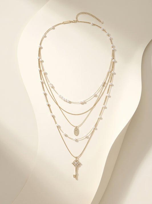 Women's 4-Layer Stacked Necklace with Faux Pearl & Vintage Key Lock Pendants, Two-Tone Pale Titanium Gold / Silver, Adjustable Long Chain LUNA-X259