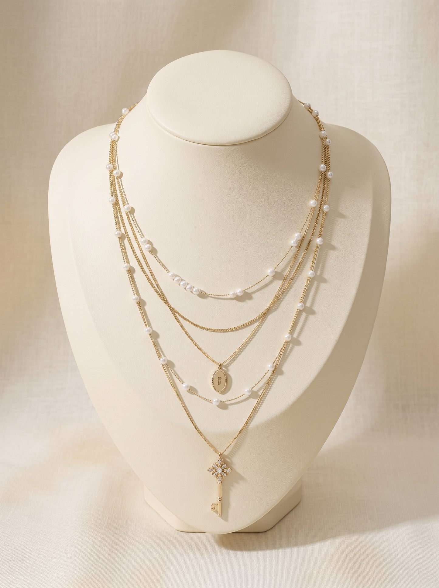 4 Layer Faux Pearl & Vintage Key Lock Pendant Stacked Necklace, Pale Titanium Gold / Silver Adjustable Long Chain for Women  LUNA-X259