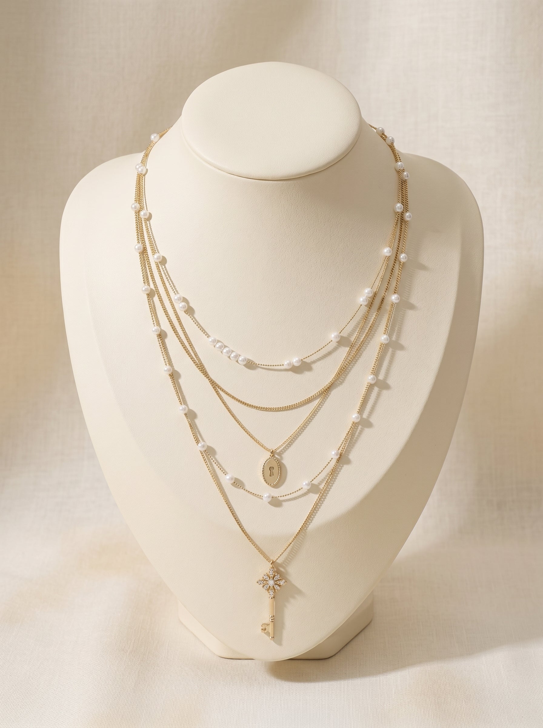 Women's 4-Layer Stacked Necklace with Faux Pearl & Vintage Key Lock Pendants, Two-Tone Pale Titanium Gold / Silver, Adjustable Long Chain LUNA-X259