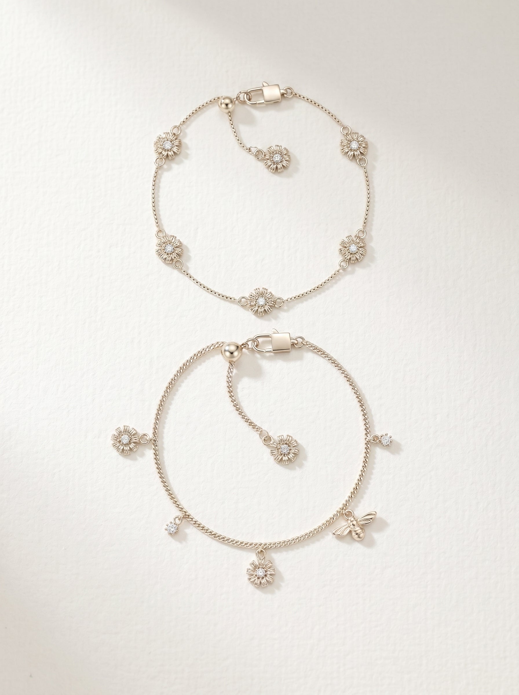 Women’s 2-Style Daisy & Bee Cubic Zirconia Slider Bracelet, Pale Titanium Gold Adjustable Dainty Floral Insect Wrist Jewelry LUNA-X260