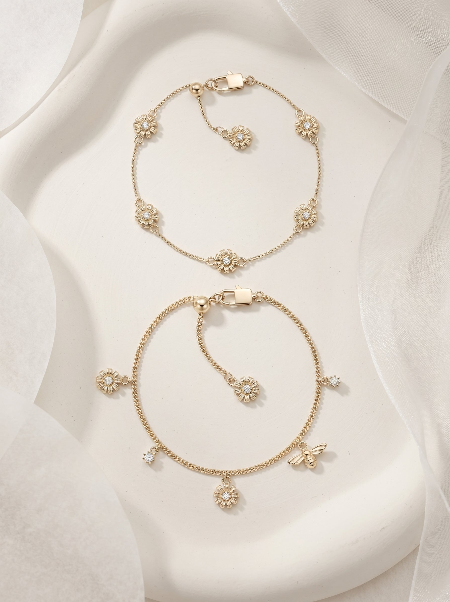 Women’s 2-Style Daisy & Bee Cubic Zirconia Slider Bracelet, Pale Titanium Gold Adjustable Dainty Floral Insect Wrist Jewelry LUNA-X260