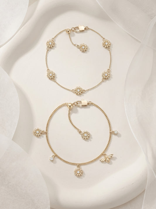 Women’s 2-Style Daisy & Bee Cubic Zirconia Slider Bracelet, Pale Titanium Gold Adjustable Dainty Floral Insect Wrist Jewelry LUNA-X260