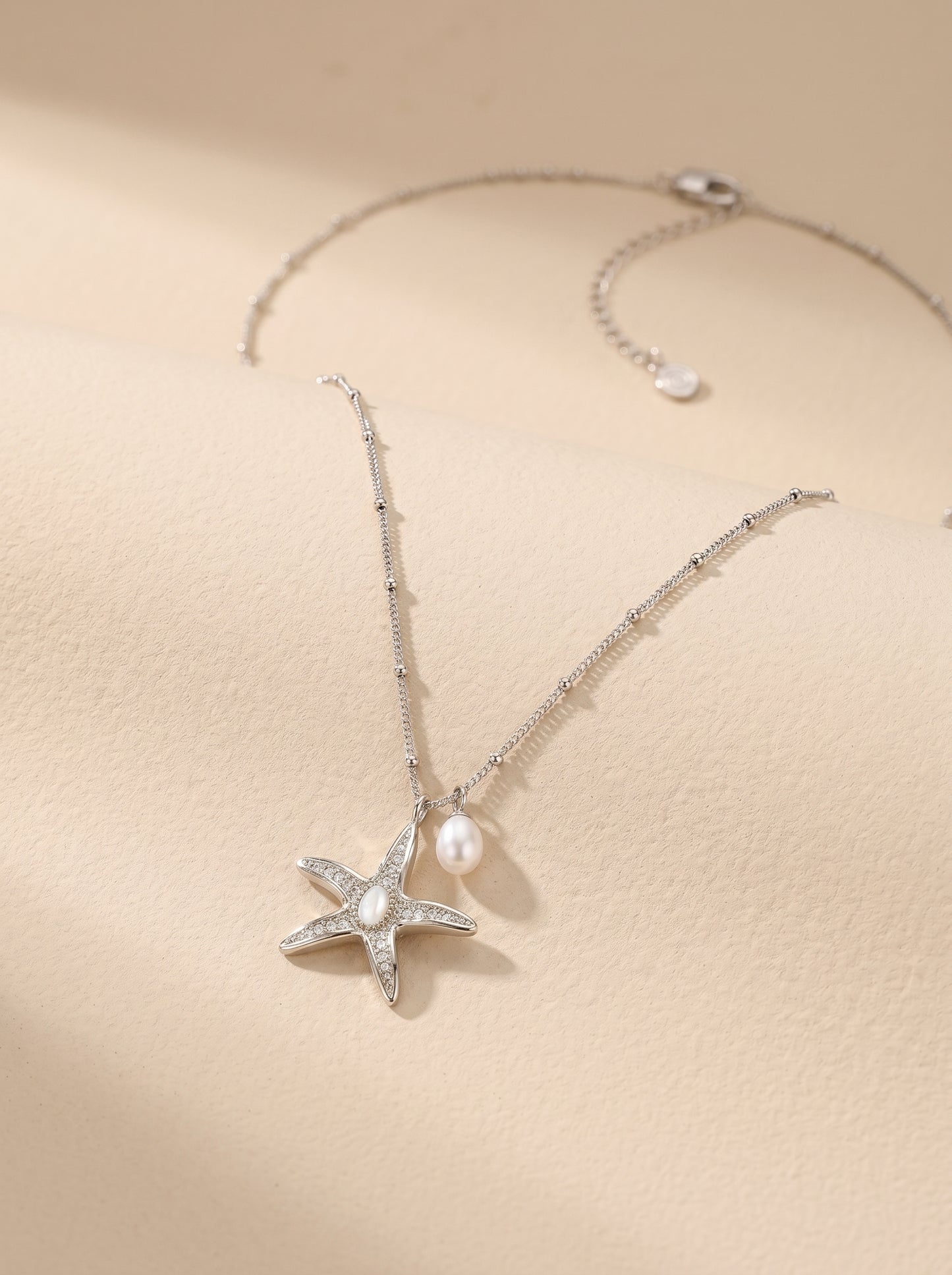 Ocean Series Textured Starfish Pendant Necklace, Two Sizes Pale Titanium Gold with Freshwater Pearl & Mother of Pearl Adjustable Chain for Women   LUNA-X261