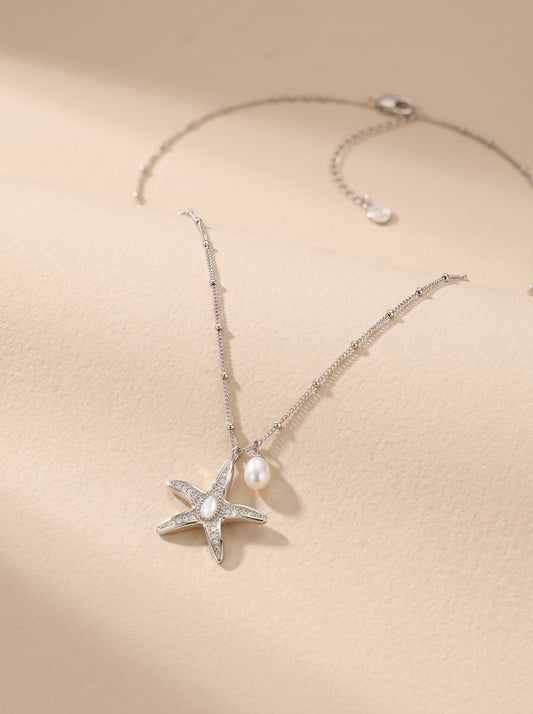 Women’s Ocean Series Textured Starfish Pendant Necklace, Two Sizes Available, Pale Titanium Gold with Freshwater Pearl & Mother of Pearl, Adjustable Chain LUNA-X261