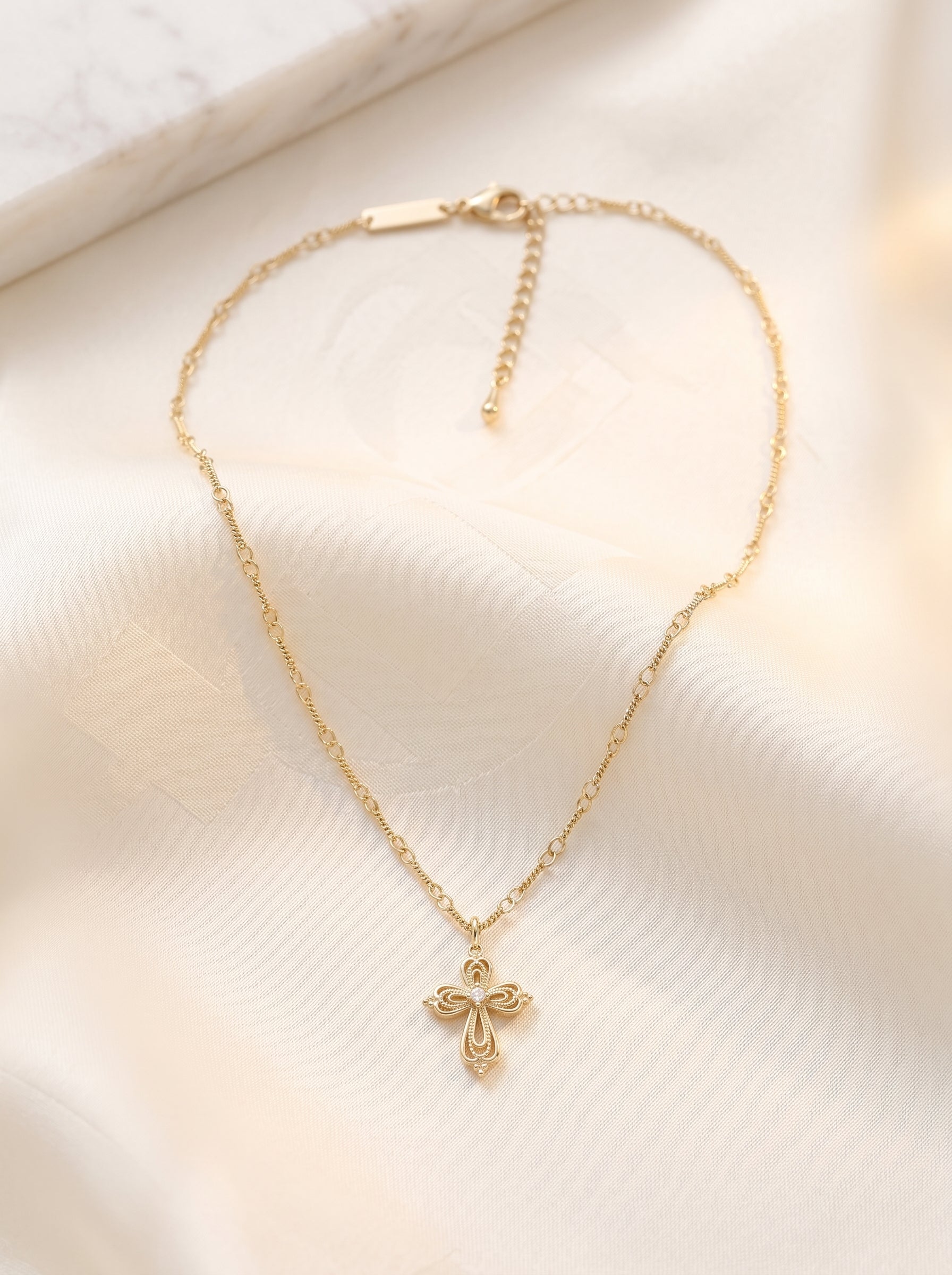 Women's Vintage Filigree Hollow Cross CZ Pendant Necklace, Two-Tone Adjustable Paperclip Link Chain LUNA-X262