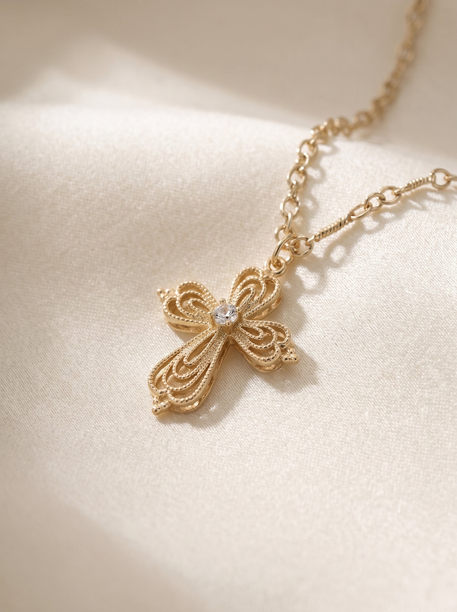 Women's Vintage Filigree Hollow Cross CZ Pendant Necklace, Two-Tone Adjustable Paperclip Link Chain LUNA-X262