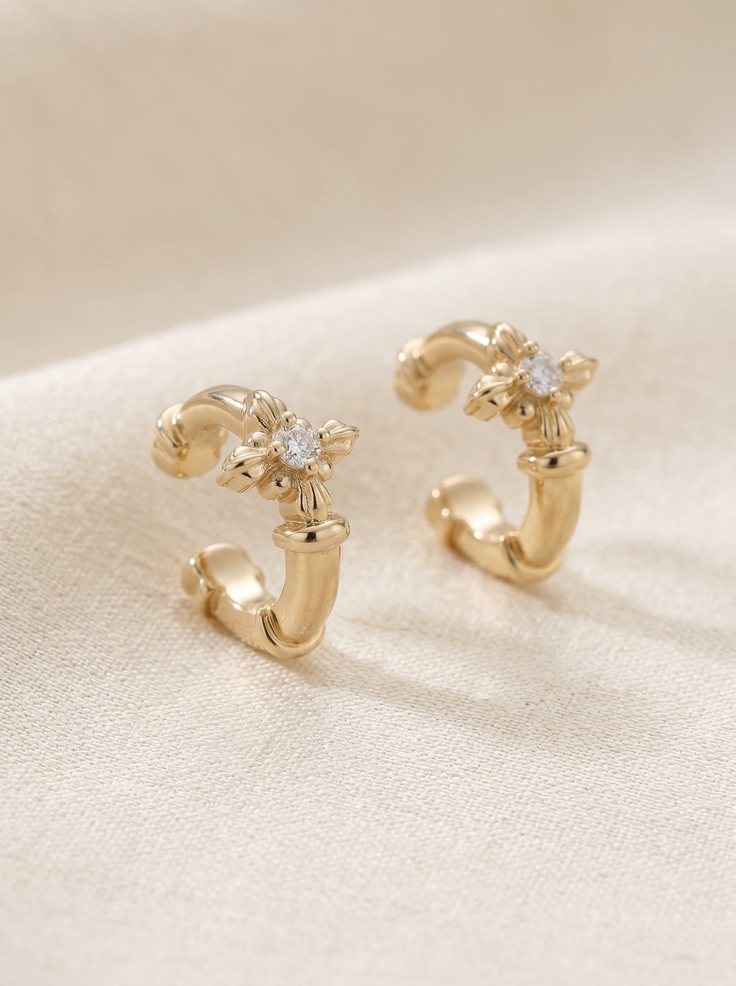Iris Flower Cubic Zirconia Cuff Ear Cuffs, Non-Piercing Clip On Ear Jewelry for Women, 2 Tone Options  LUNA-X263