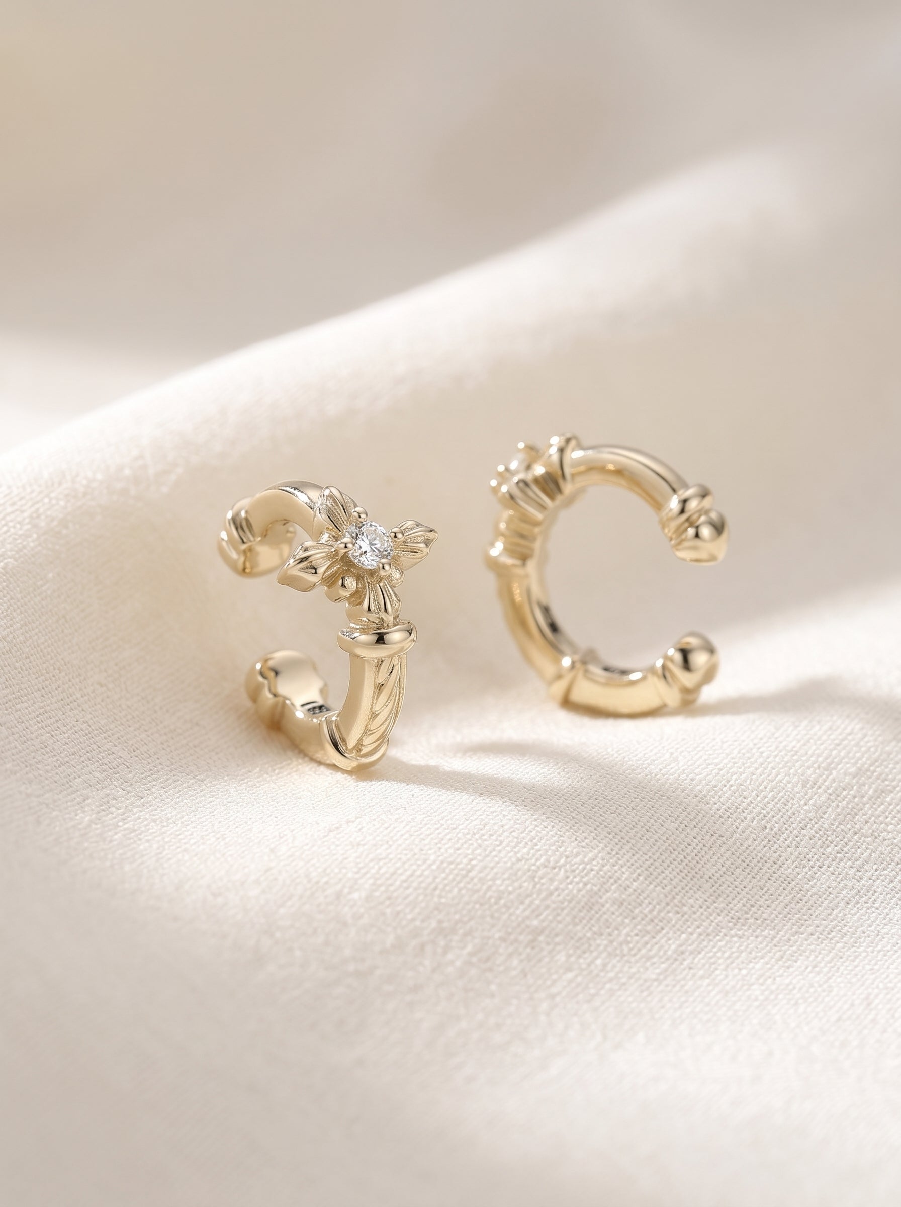 Women's Iris Zircon Non-Piercing Ear Cuffs, Two-Tone Gold Silver Clip On C Earrings, Floral Cubic Zirconia Jewelry LUNA-X263