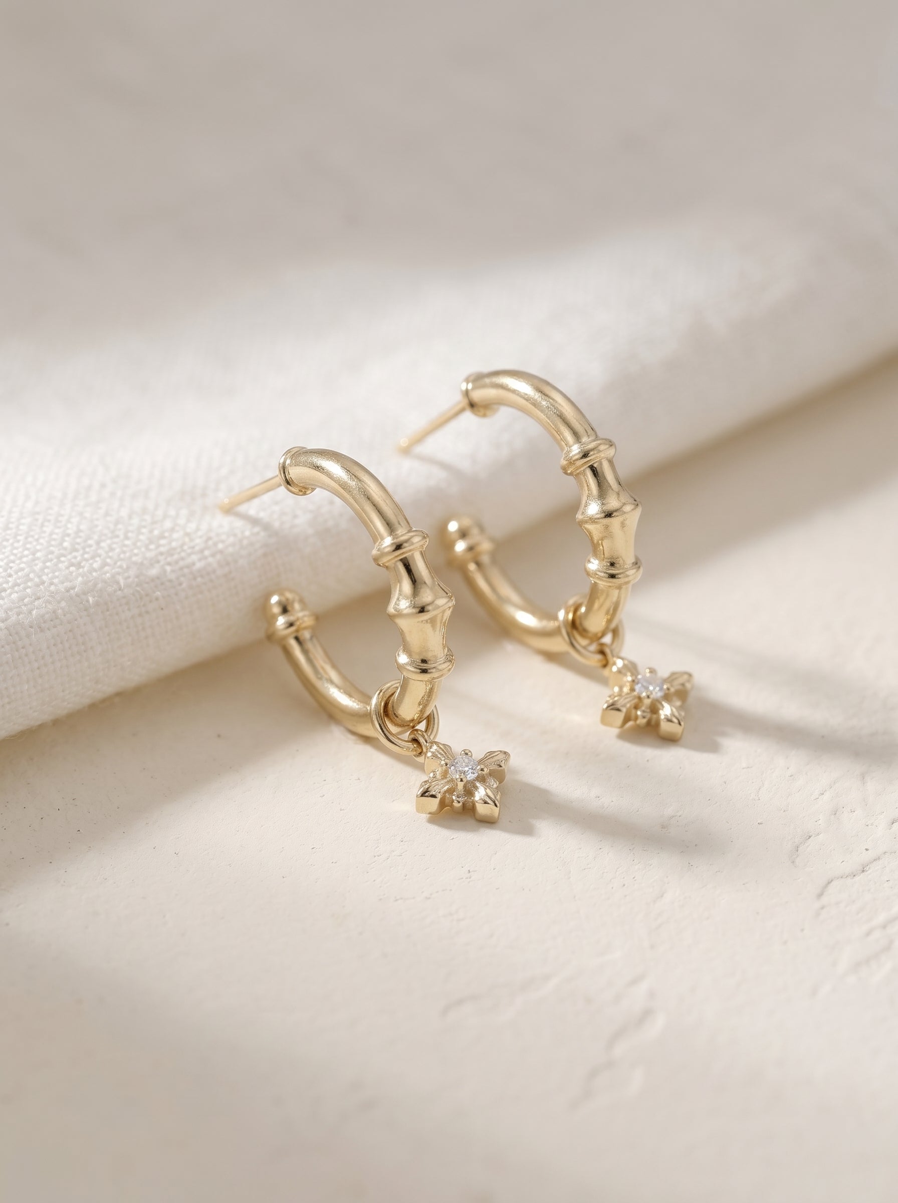 Women's French Iris Dangle C Hoop Earrings, Copper Silver Tone Plated Posts, Bamboo Textured Hoops With Zircon Iris Charms, Two-Tone Gold & Silver Vintage Freedom Jewelry, LUNA-X266