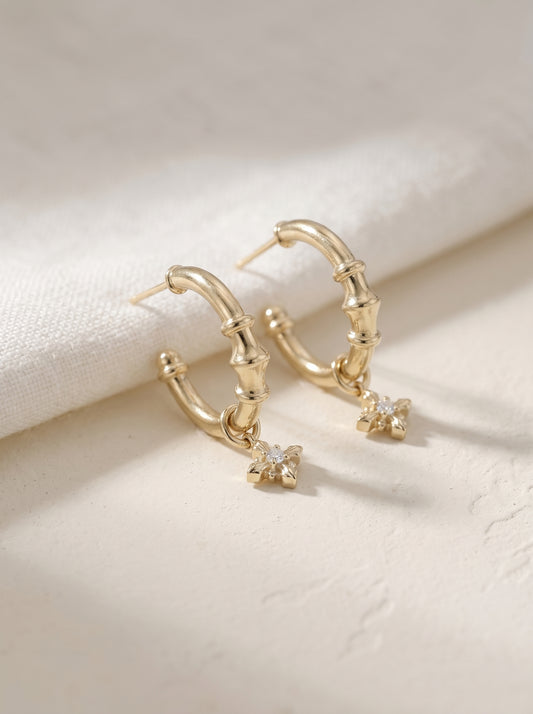 Women's French Iris Dangle C Hoop Earrings, Copper Silver Tone Plated Posts, Bamboo Textured Hoops With Zircon Iris Charms, Two-Tone Gold & Silver Vintage Freedom Jewelry, LUNA-X266