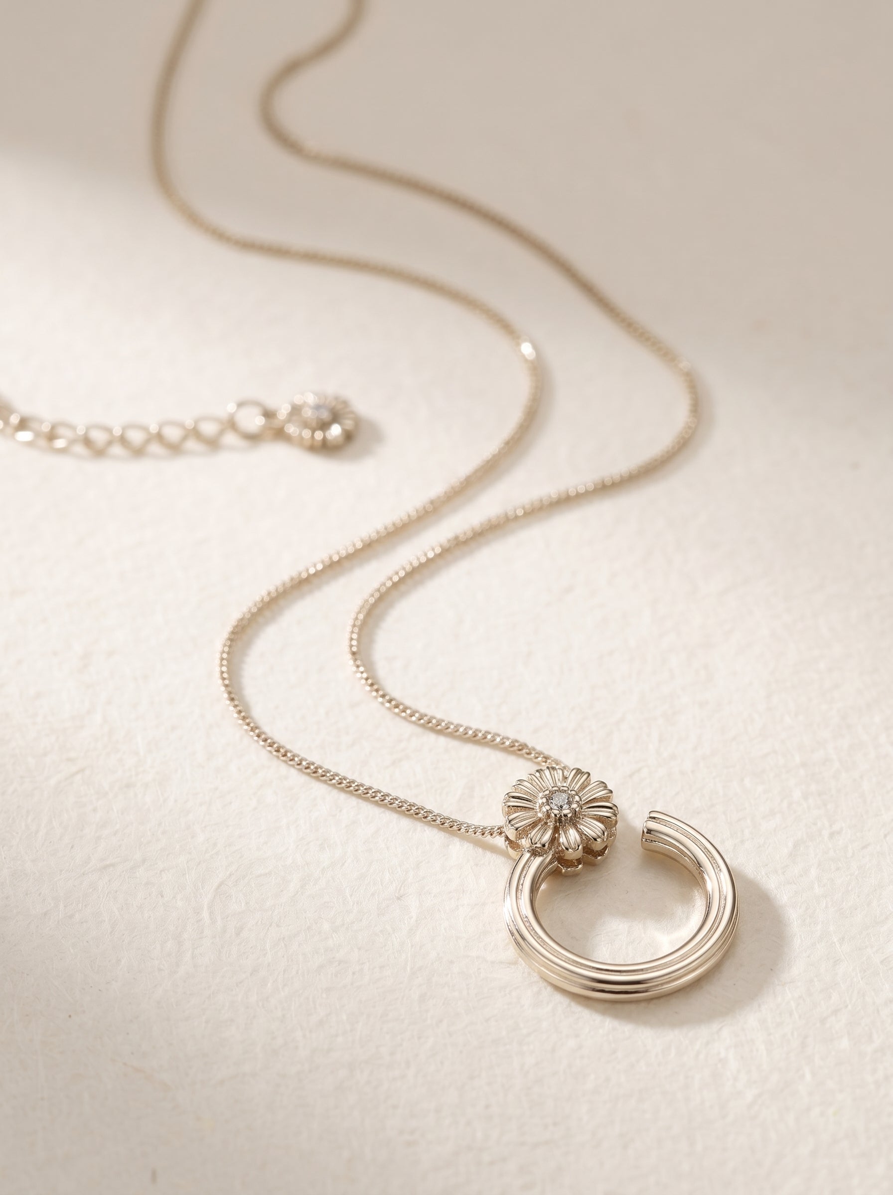 Women's Daisy Open Circle Pendant Necklace, Copper Base Light Titanium Gold Plated, Zircon Floral Accents, Adjustable 55+6cm Extension Chain, Minimalist Garden Nature Jewelry, LUNA-X269