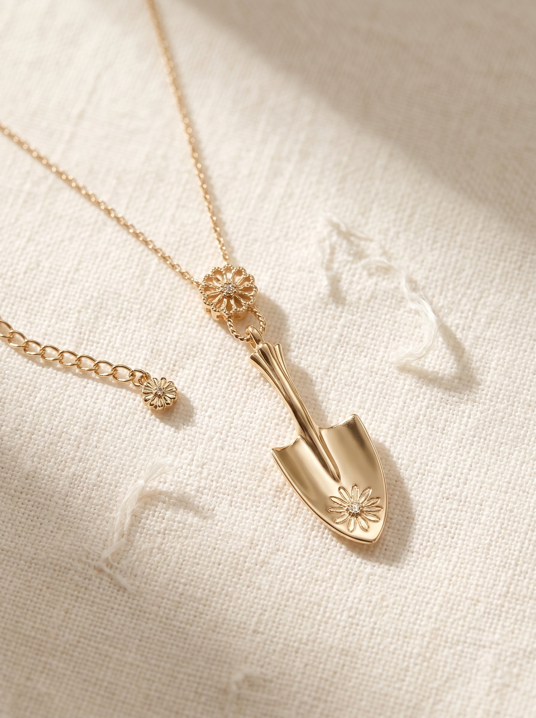 Women's Dual-Size Garden Trowel Daisy Pendant Necklace, Copper with Light Titanium Gold Plating, Inlaid Zircon, Nature Gardener Jewelry. Two Chain Options: Mini Short Chain & Oversized Extra Long Sweater Chain, LUNA-X270