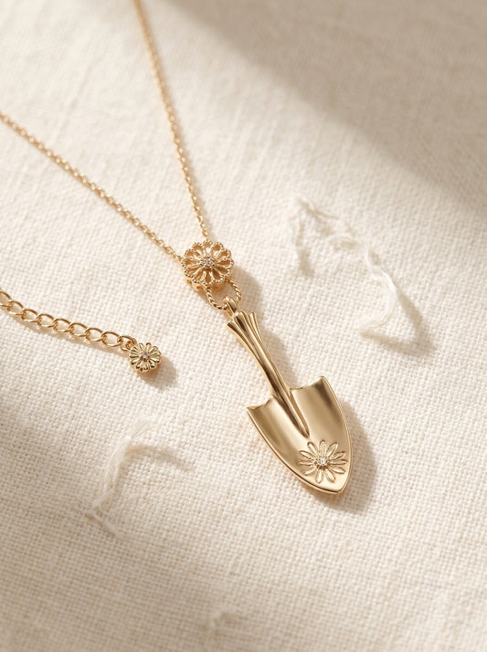 Women's Dual-Size Garden Trowel Daisy Pendant Necklace, Copper with Light Titanium Gold Plating, Inlaid Zircon, Nature Gardener Jewelry. Two Chain Options: Mini Short Chain & Oversized Extra Long Sweater Chain, LUNA-X270